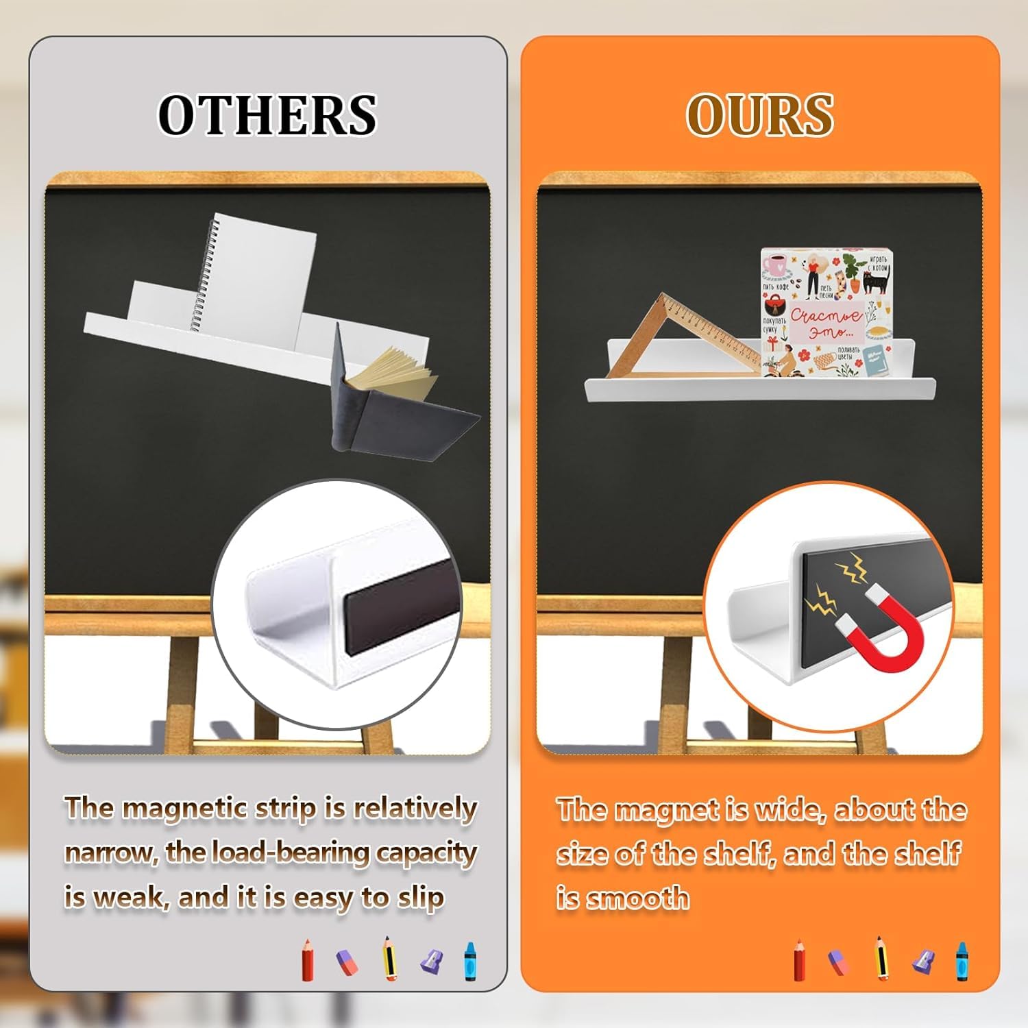 Walquicks Magnetic Book Shelf, 2 Pcs Acrylic Magnetic Book Shelves for Whiteboard Classroom with Pen Organizer, Display Shelf File Rack for Classroom Refrigerator Office Black/White