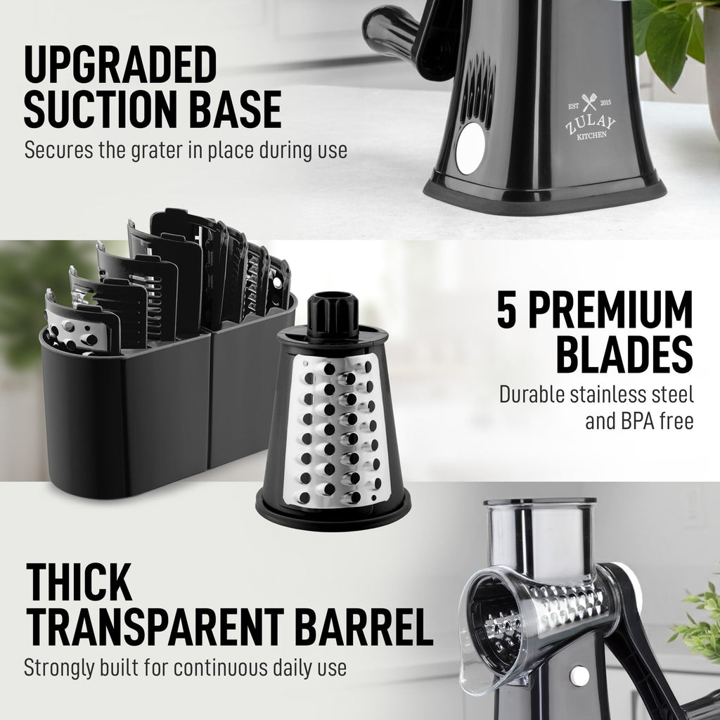 Zulay Kitchen 5-Blade Rotary Cheese Grater - Manual Hand Crank Cheese Shredder with Reinforced Suction & 5 Interchangeable Drums - Vegetable Chopper & Round Mandoline Slicer