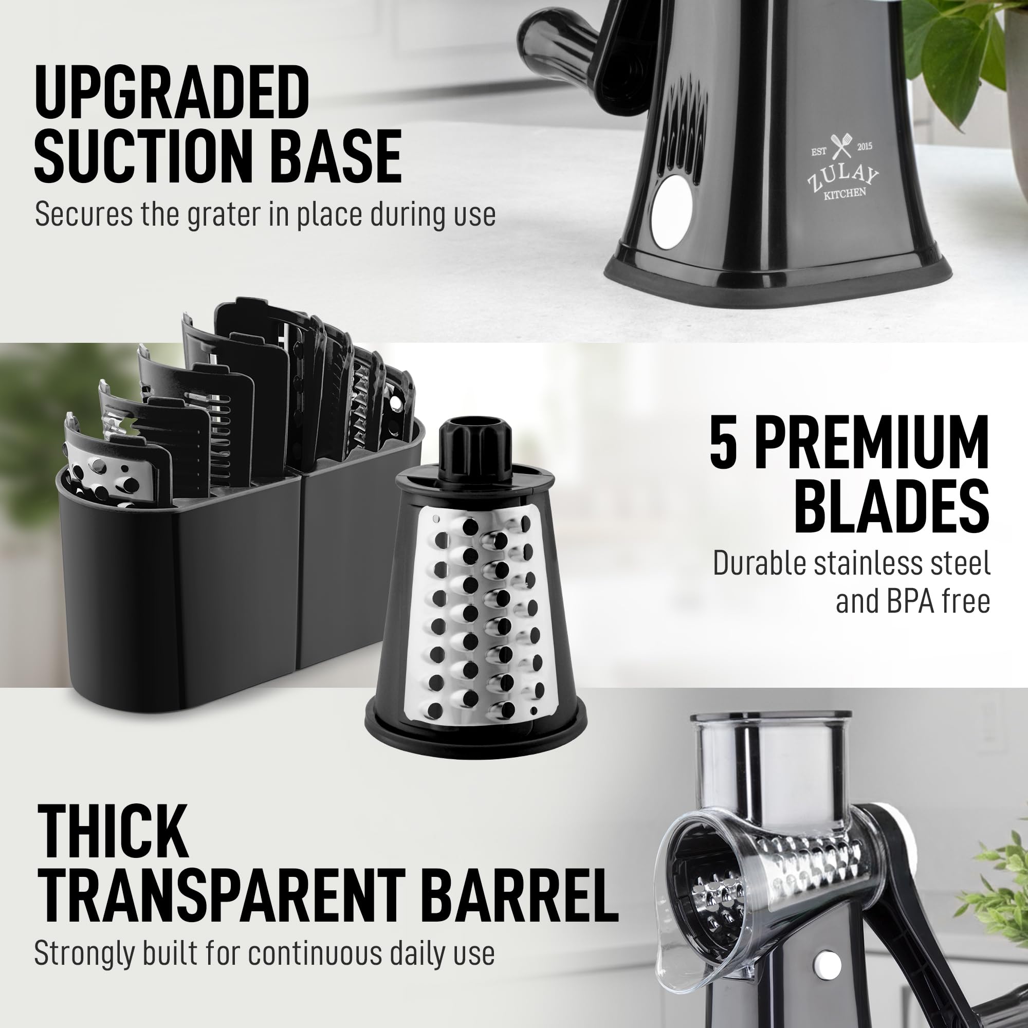 Zulay Kitchen 5-Blade Rotary Cheese Grater - Manual Hand Crank Cheese Shredder with Reinforced Suction & 5 Interchangeable Drums - Vegetable Chopper & Round Mandoline Slicer
