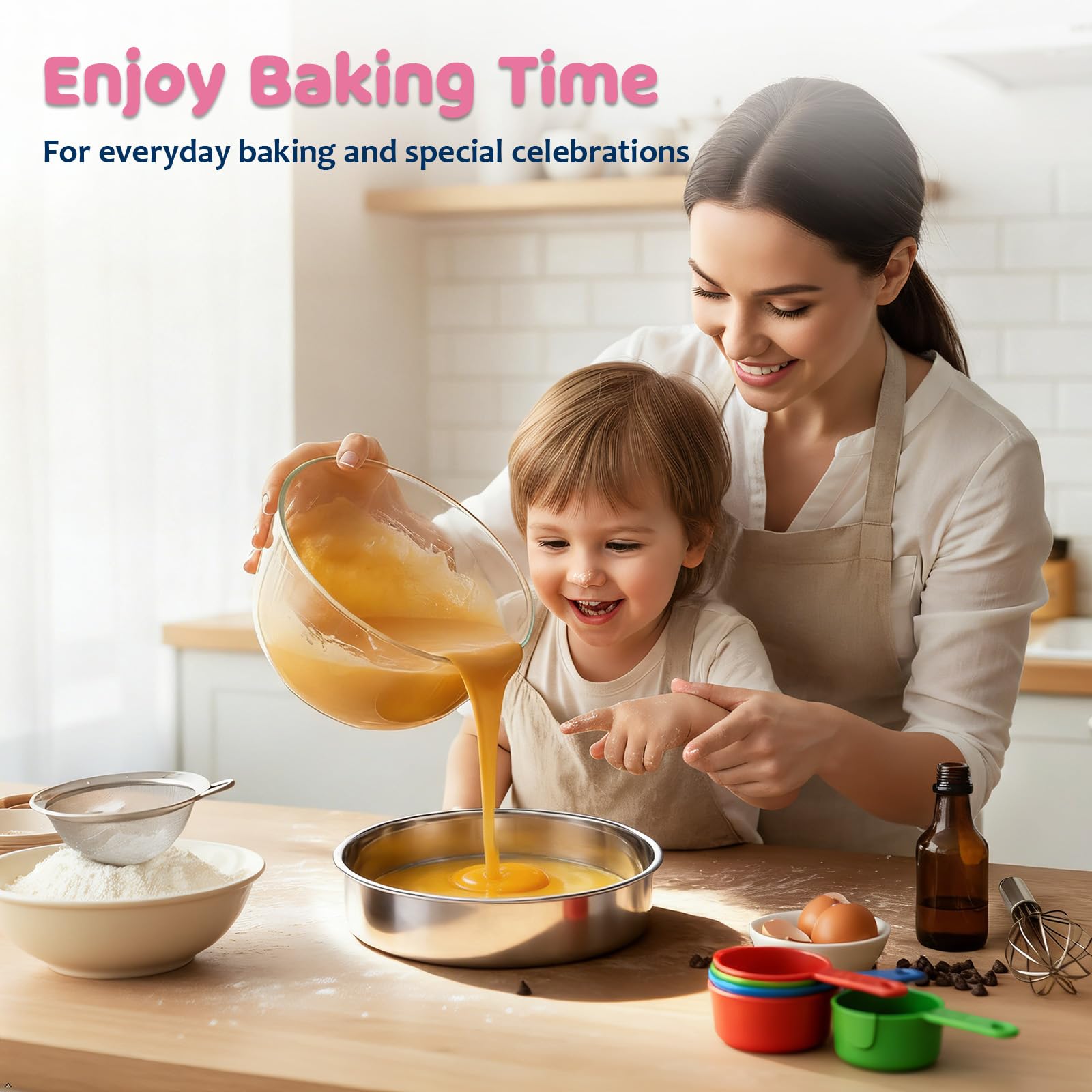 8 Inch Cake Pan Set of 3, E-far Stainless Steel Round Layer Cake Baking Pans, Non-Toxic & Healthy, Mirror Finish & Dishwasher Safe