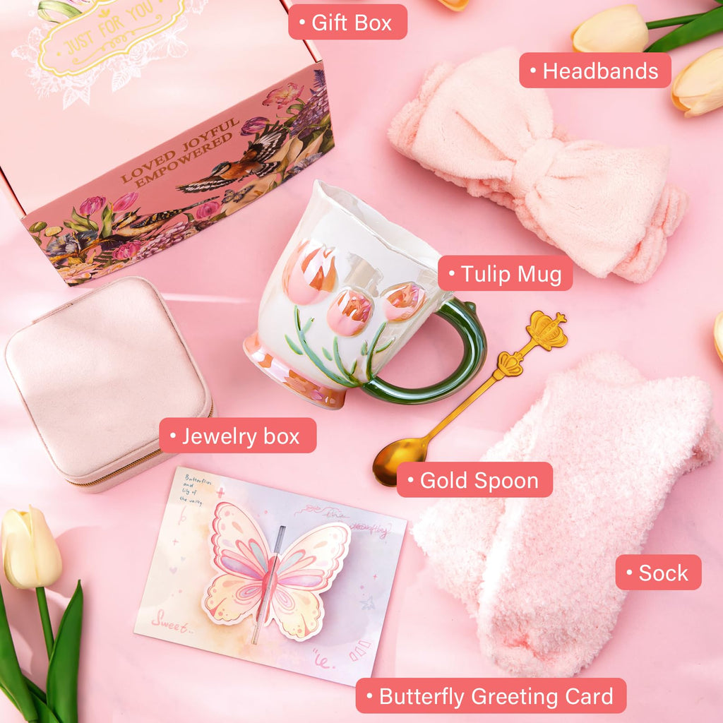 Mothers Day Gifts for Mom, 7Pcs Mom Gifts Set – 18Oz Tulip Embossed Pearlescent Glaze Best Mom Ever Mug, Spoon, Headband, Socks, Jewelry Box, Card, Gift Box – Birthday Gift for Mom from Daughter, Son