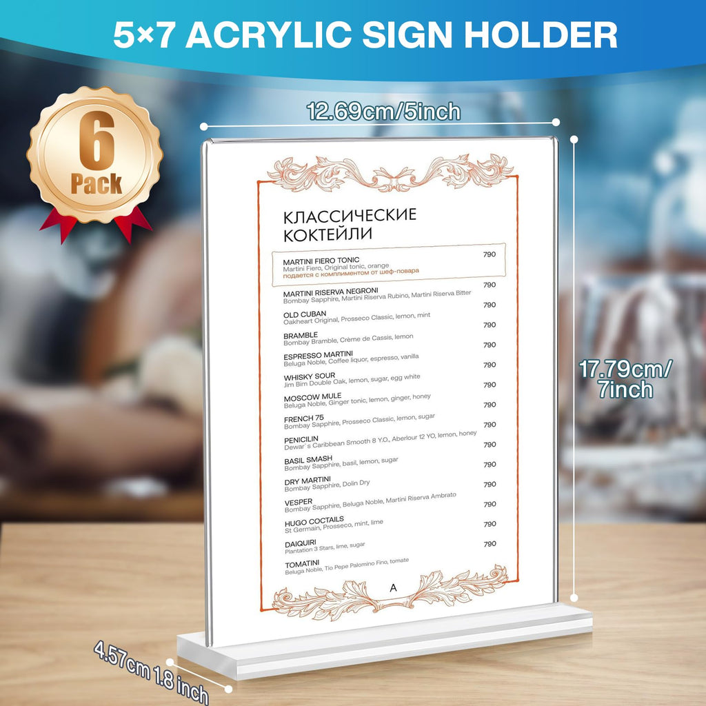 6 Pack 5 x 7" Acrylic Sign Holder, Double Sided Clear Display Sign, T Shape Vertical Display Table Signs Stand for Office Business Restaurant Menu Wedding Party Store Exhibition Display Stand