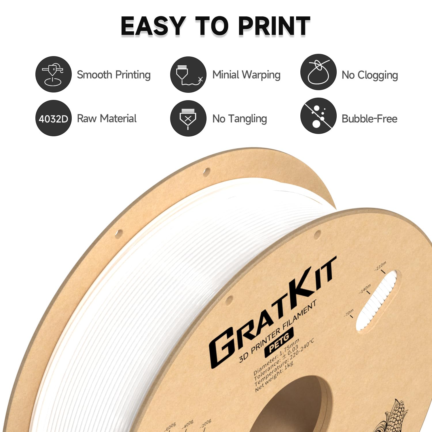 GratKit PETG 3D Printer Filament 1KG, PETG Filament 1.75mm, 3D Printing Filament PETG White