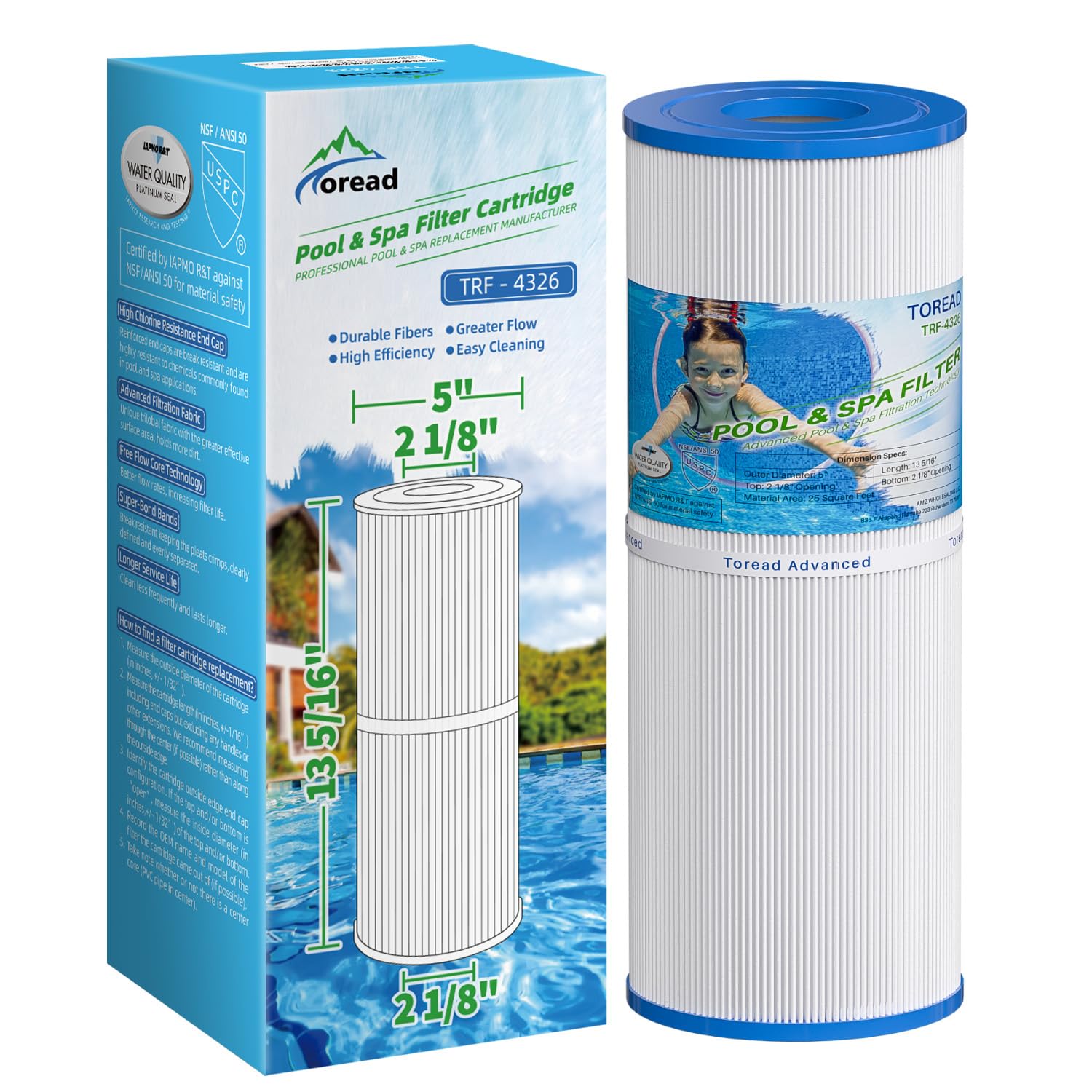 TOREAD Replacement for Spa Filter PRB25-IN, Unicel C-4326, Filbur FC-2375, FC-2370, R173429, 3005845, 17-2327, 100586, 33521, 25392, 817-2500, Guardian 413-106, 5X13 Drop in Spa Filter, 1 Pack