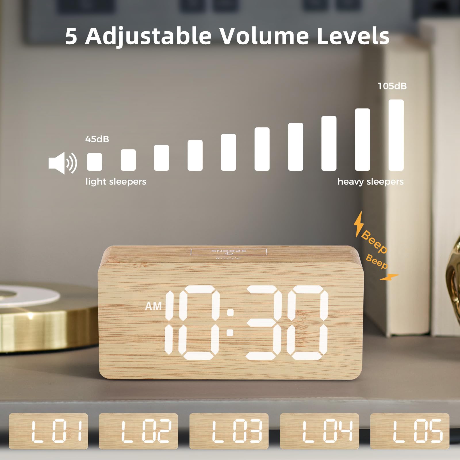 Wooden Digital Alarm Clocks for Bedrooms: Dimmable Dual Alarm Clock with Large Numbers for Bedside Desk - Bamboo