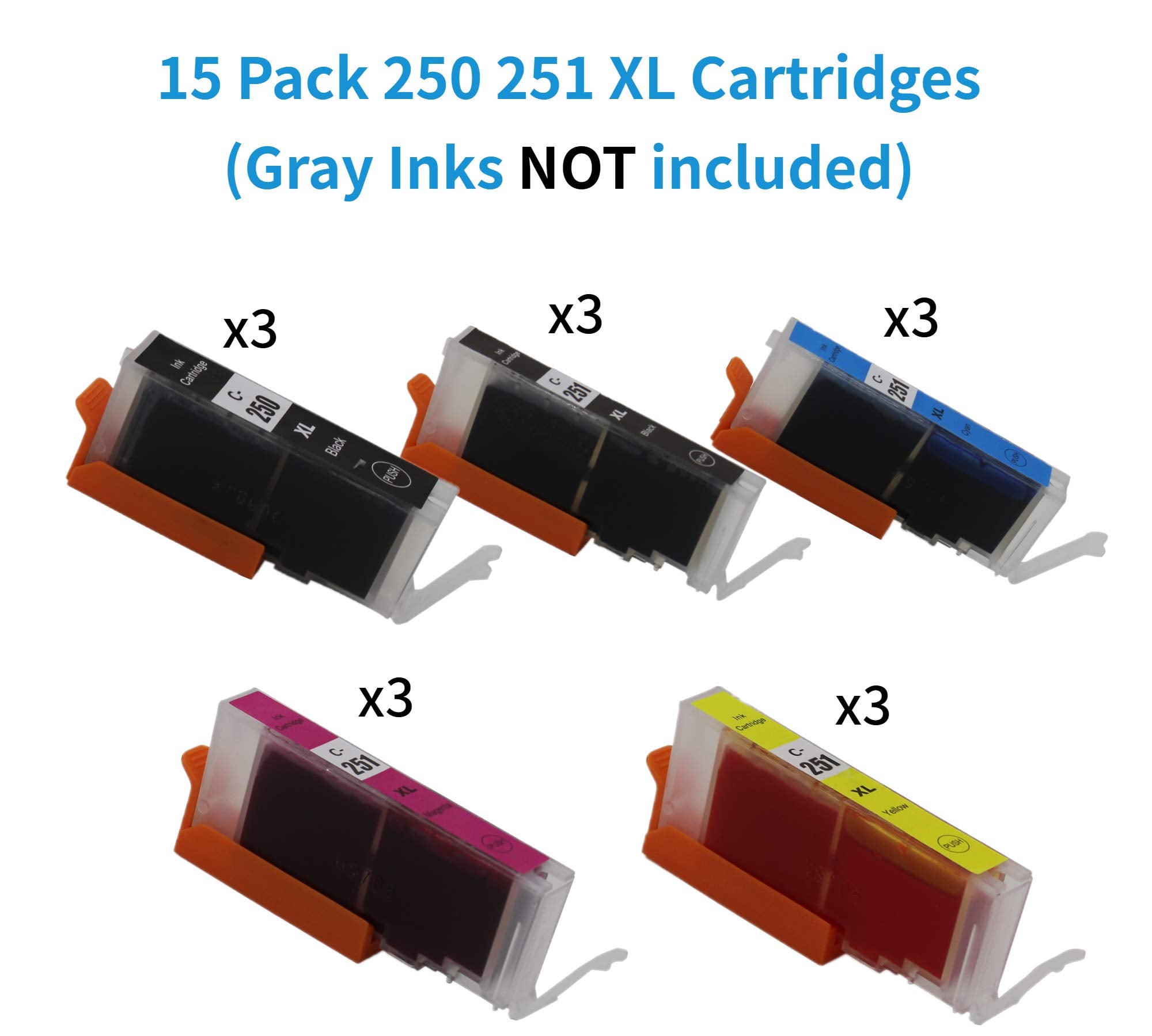 15-Pack Compatible Canon PGI-250 CLI-251 XL 250XL 251XL Ink Cartridges Replacement for Canon Pixma MX922 MG5520 MG6620 MG7520 MG7120 MG5420 Printer (3 PGBK, 3BK, 3C, 3M, 3Y)