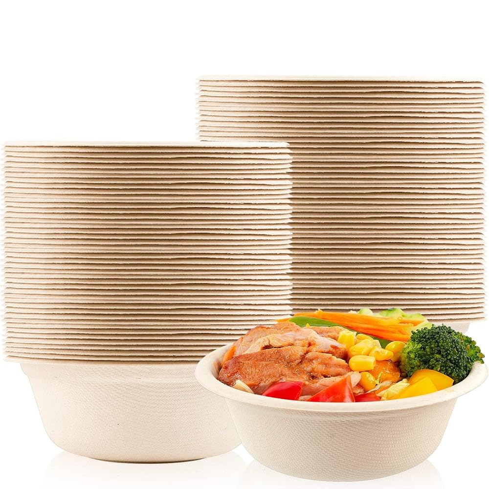 160 Pcs 12 Oz Paper Bowls Compostable Biodegradable Disposable Soup Bowls Bulk Duty Round Eco Friendly Sugarcane Bowls Hot Cold Food Plates and Bowl for Salad Dessert Camping Set (160, 5.31*1.69inch)