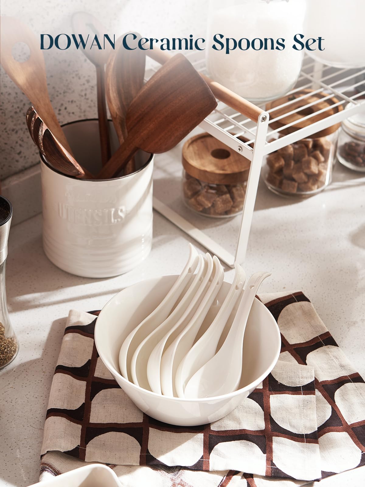 DOWAN Asian Soup Spoons, Ceramic Chinese Soup Spoons, Japanese Spoon for Ramen Pho Wonton Dumpling Miso (6, 6.75 in)