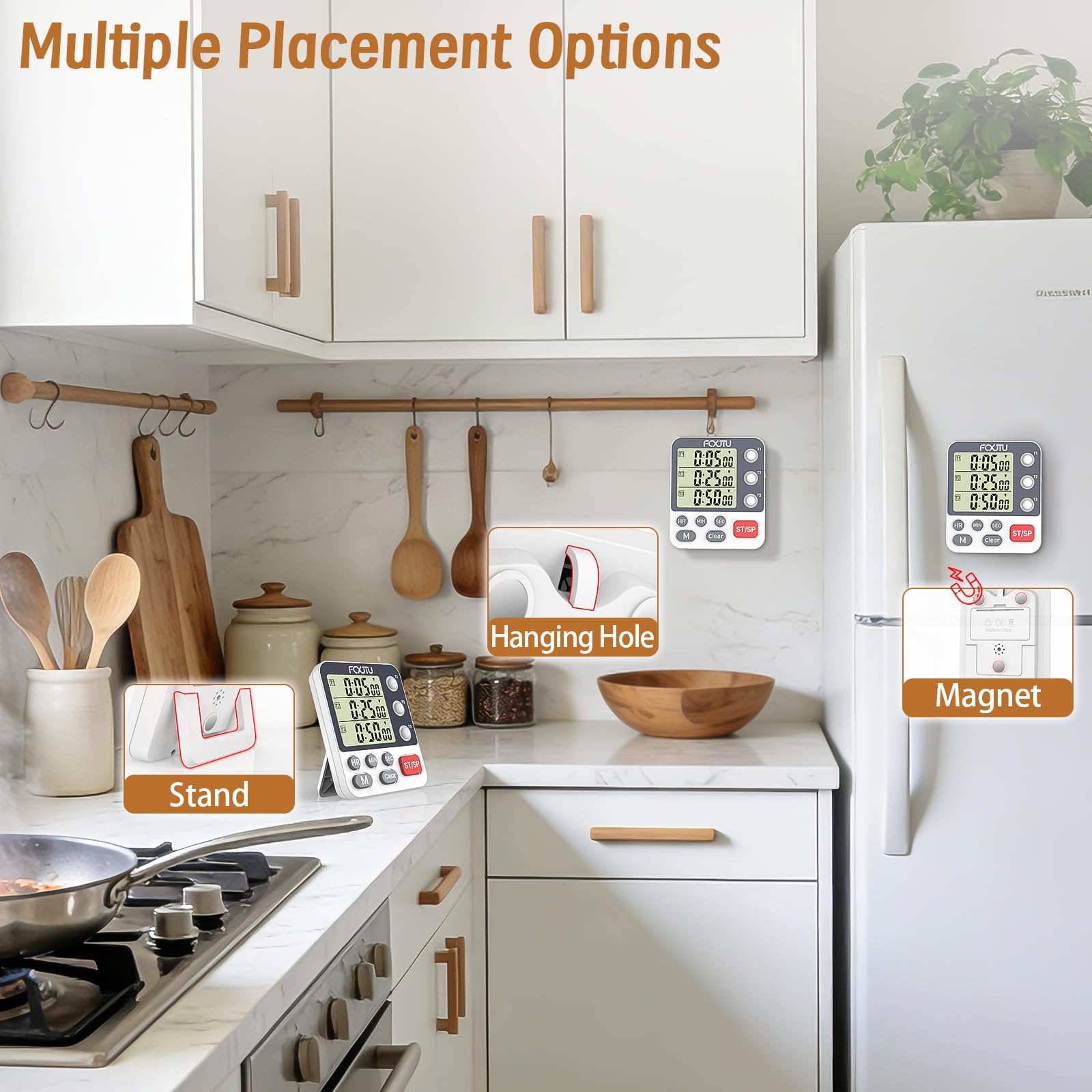 FCXJTU Digital Dual Triple Kitchen Timer, 3 Channels Count Down Timer, Cooking Timer, Large Display, Loud Alarm and Flashing Light with Magnetic Back, Stand, Battery Included (White)