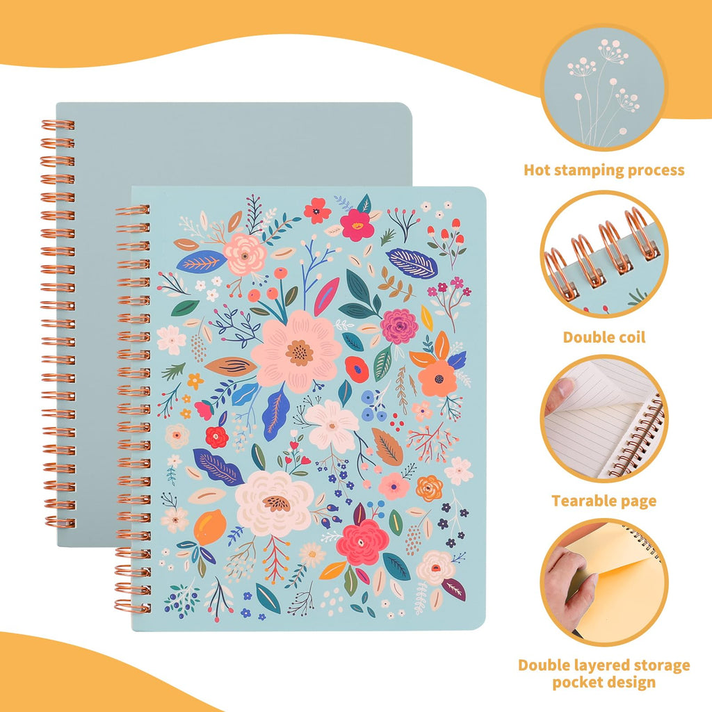 Aesthetic Spiral Notebook Set of 2 For Women - Artistic flower 6.5" x 8.3" College Ruled Notebook With Large Pockets And Lined Pages -Boost Productivity at Work or School