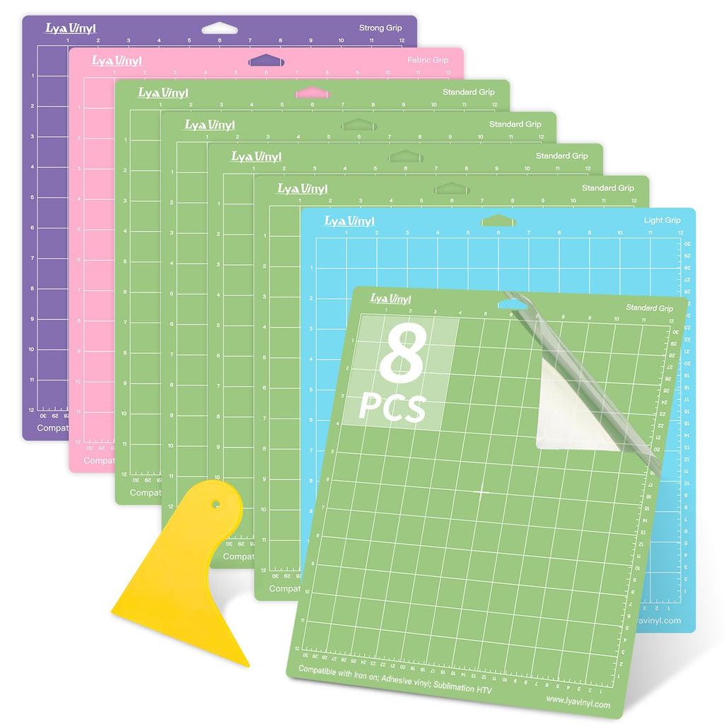 Lya Vinyl Cutting Mats - 8 Pack Variety Mats 12x12 INCH, Mats for Permanent Vinyl (StandardGrip, LightGrip, StrongGrip, FabricGrip) for Cricut Explore Air Series & Accessories