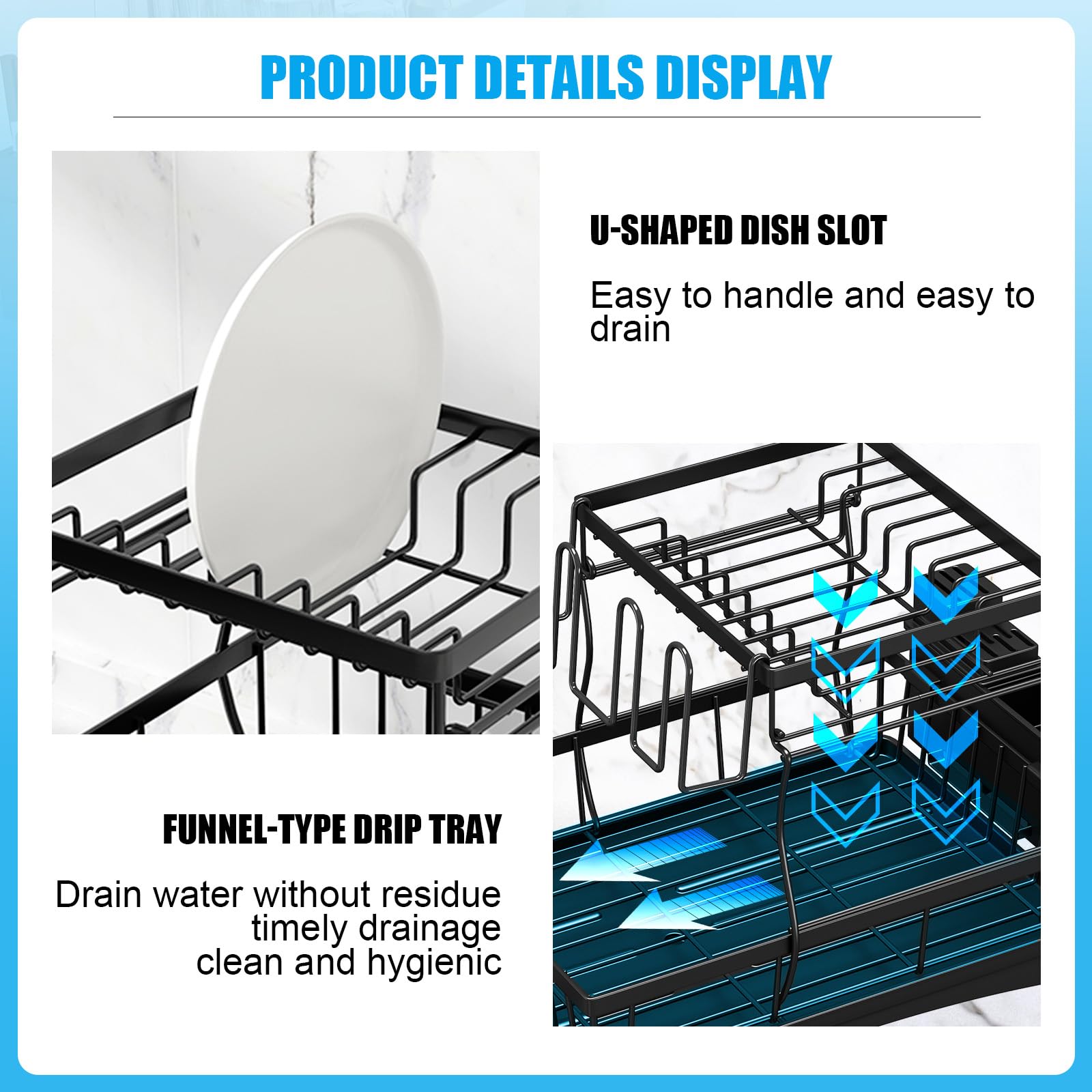 7 code Large Dish Drying Rack for Kitchen Counter,Detachable Large Capacity Dish Drainer Organizer with Utensil Holder,2-Tier Dish Drying Rack with Drain Board,Black
