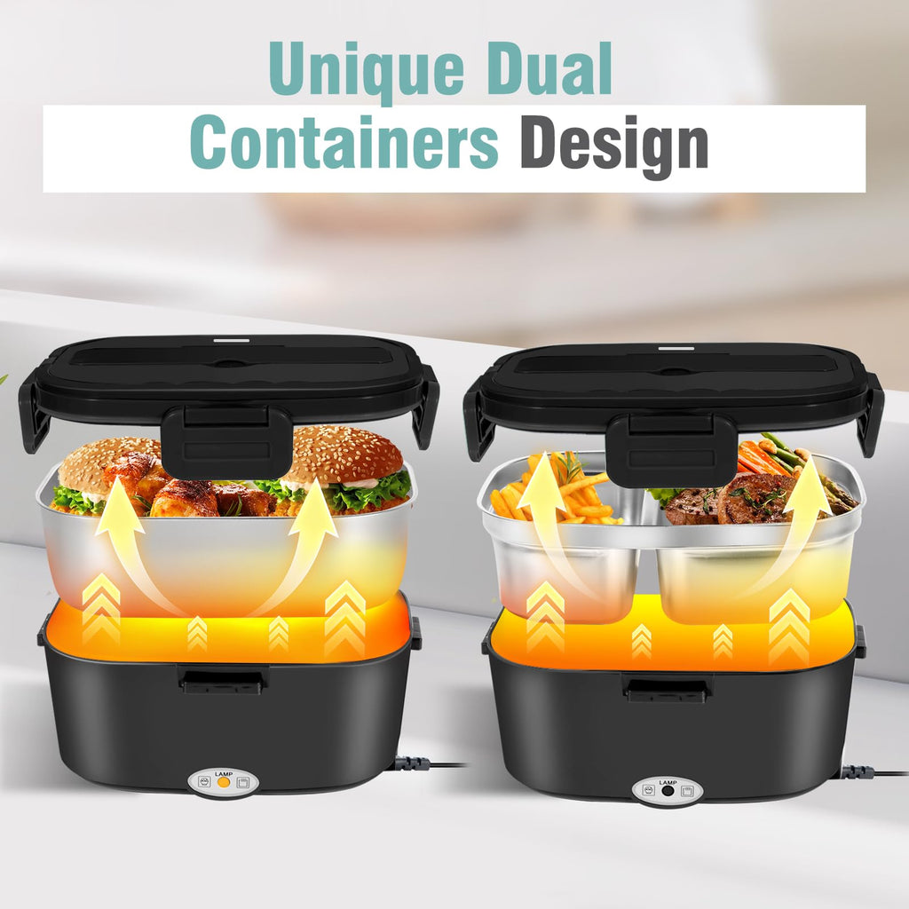 Electric Lunch Box Food Heater - 80W Fast Heating Lunch Box Dual 1.5L Removable SS Containers Portable Food Warmer for Car（12V/Truck（24V/ Office(110V)/ Work/Travel Use - Ideal for Men, Women, Adults