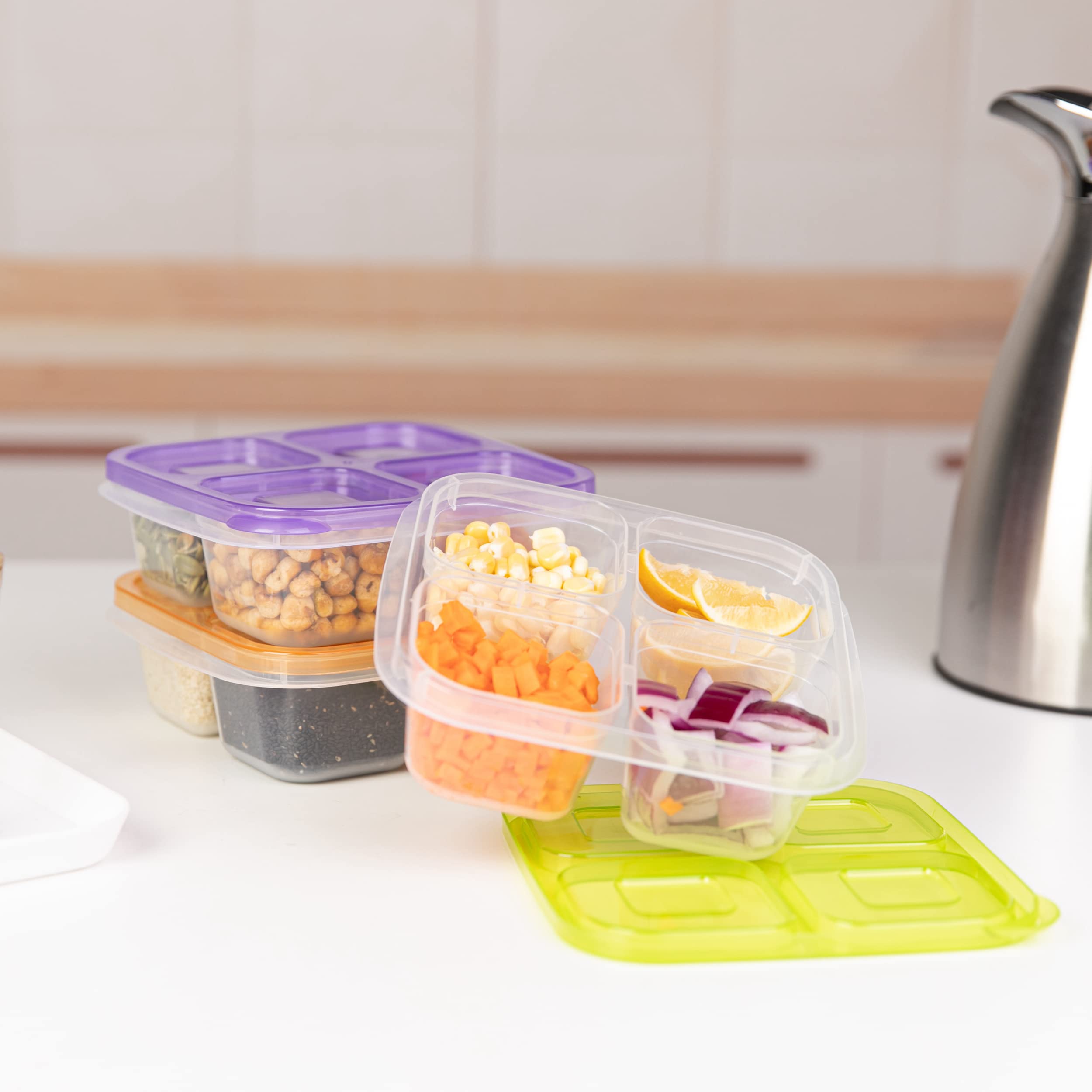 Finorder 4-Compartment Food Containers, Reusable Snack Container for Kids School, Office, Picnic, Portable Snack Lunch Box Meal Prep Containers, Set of 6 (Classic Color Set)