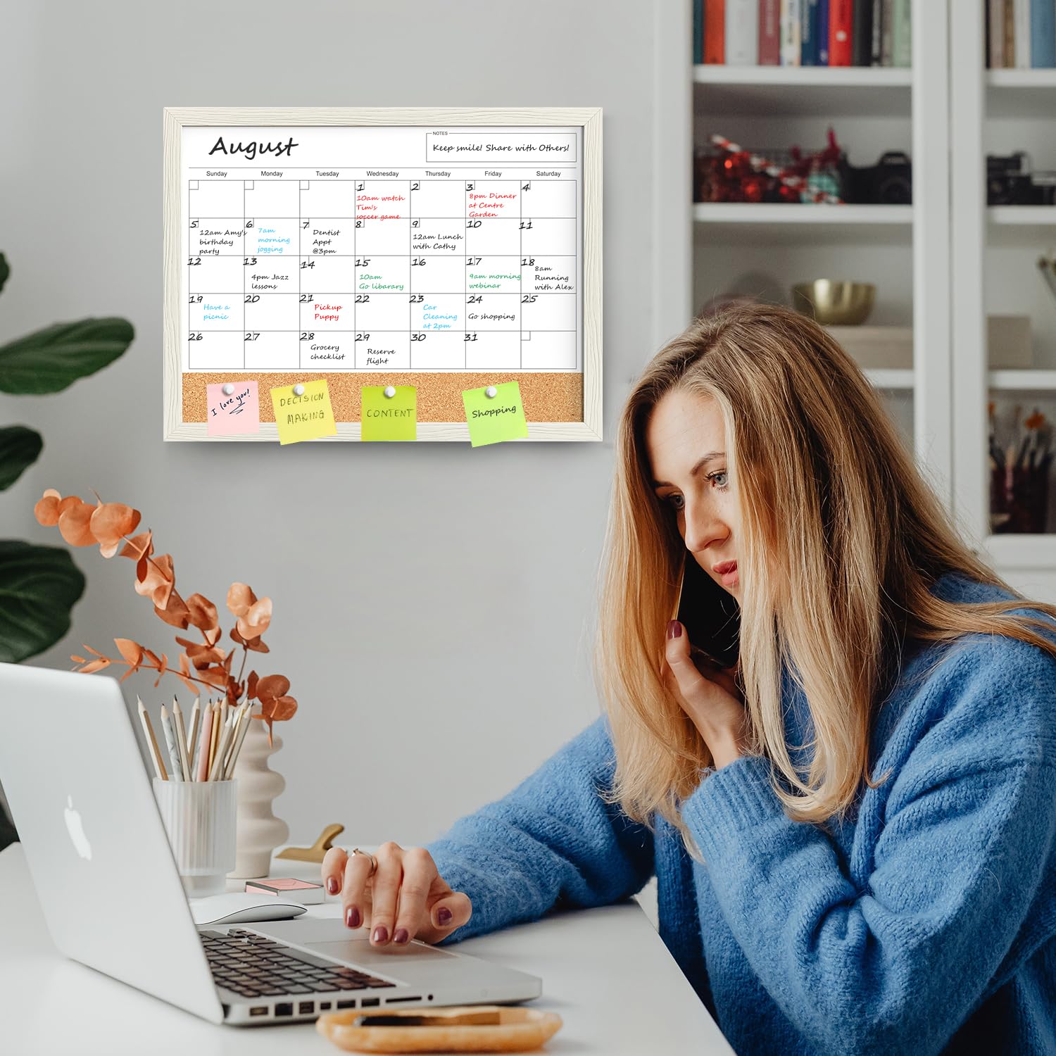TANKEE 17"x13" Whiteboard Calendar Cork Board Combo, Magnetic White Board Monthly Calendar with Wood Framed, Hanging Dry Erase Board for Kitchen Home Office Planner
