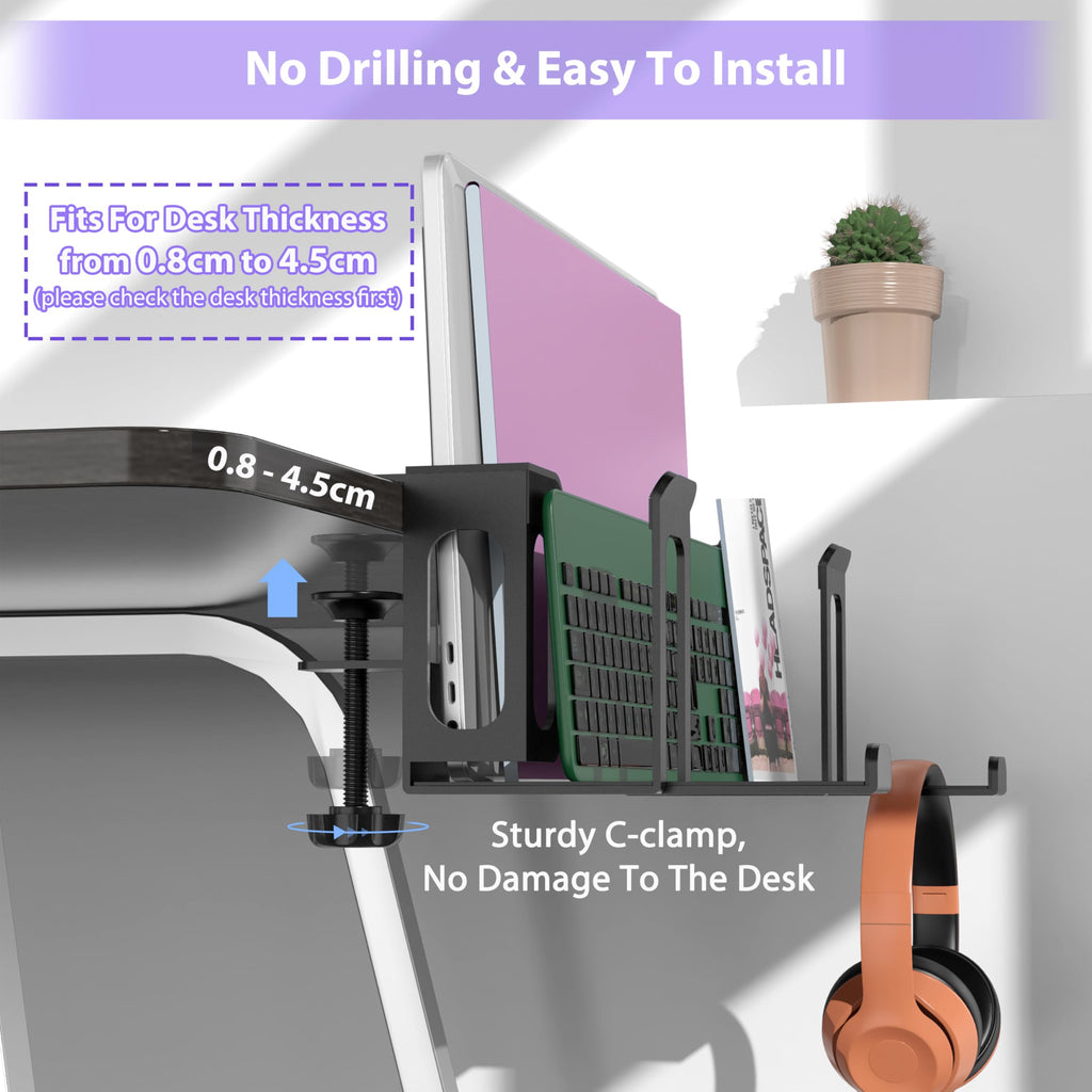 ROLIZOE 6 in 1 Adjustable Under Desk Laptop Holder with Keyboard Tray & Headphone Stand No Drilling Clamp On Magazine File Holder Vertical Laptop Stand Desk Side Storage Fits Up to 4.5cm Table Thick