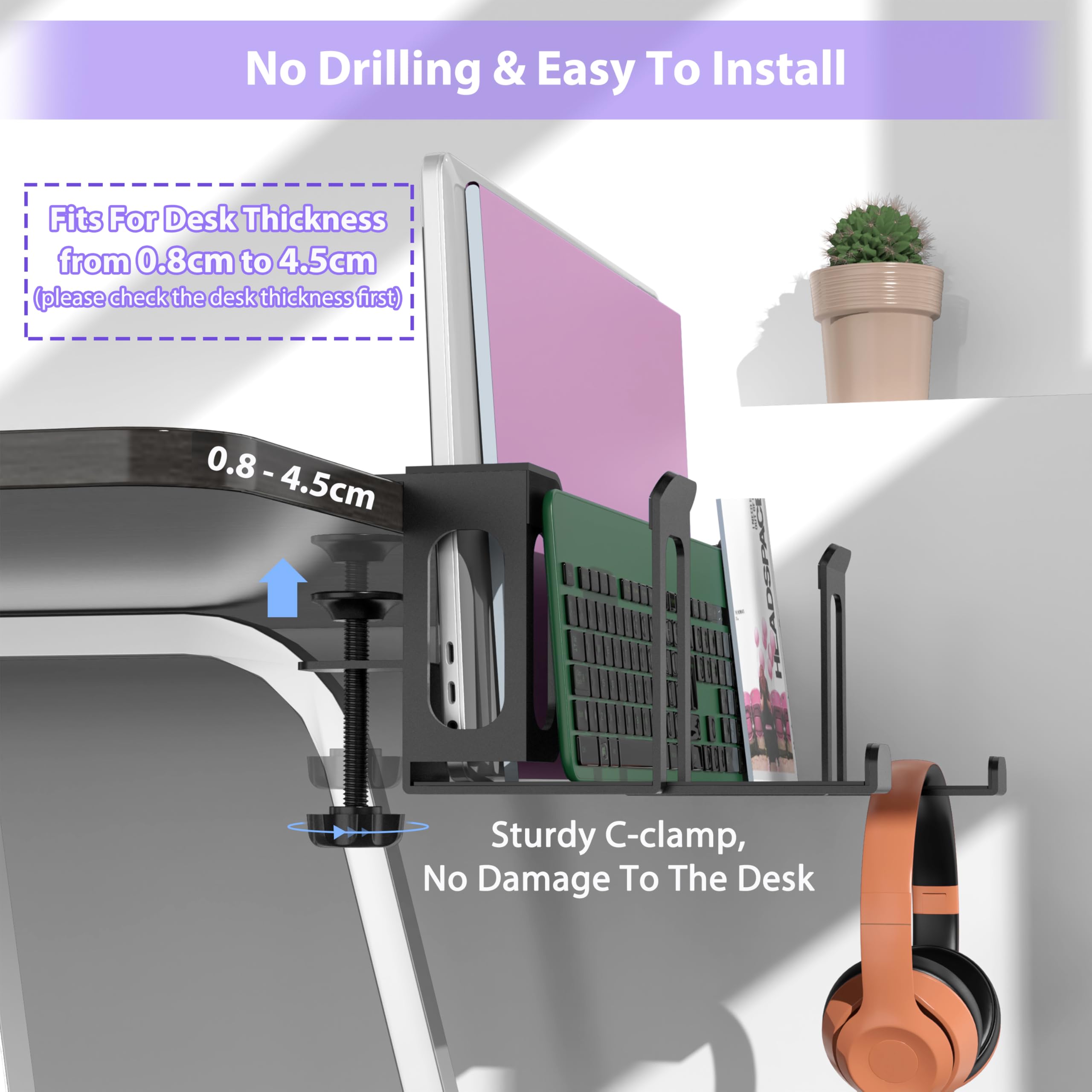 ROLIZOE 6 in 1 Adjustable Under Desk Laptop Holder with Keyboard Tray & Headphone Stand No Drilling Clamp On Magazine File Holder Vertical Laptop Stand Desk Side Storage Fits Up to 4.5cm Table Thick