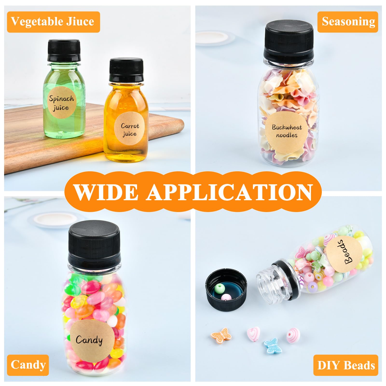 Supkiir 48Pcs 2oz Plastic Shot Bottles for Liquids, Clear Reusable Juice Bottles with Lids Scale Labels Funnels, Leak proof Mini Ginger Shots Jars for Juice Sauce Whiskey Milk Portable Travel