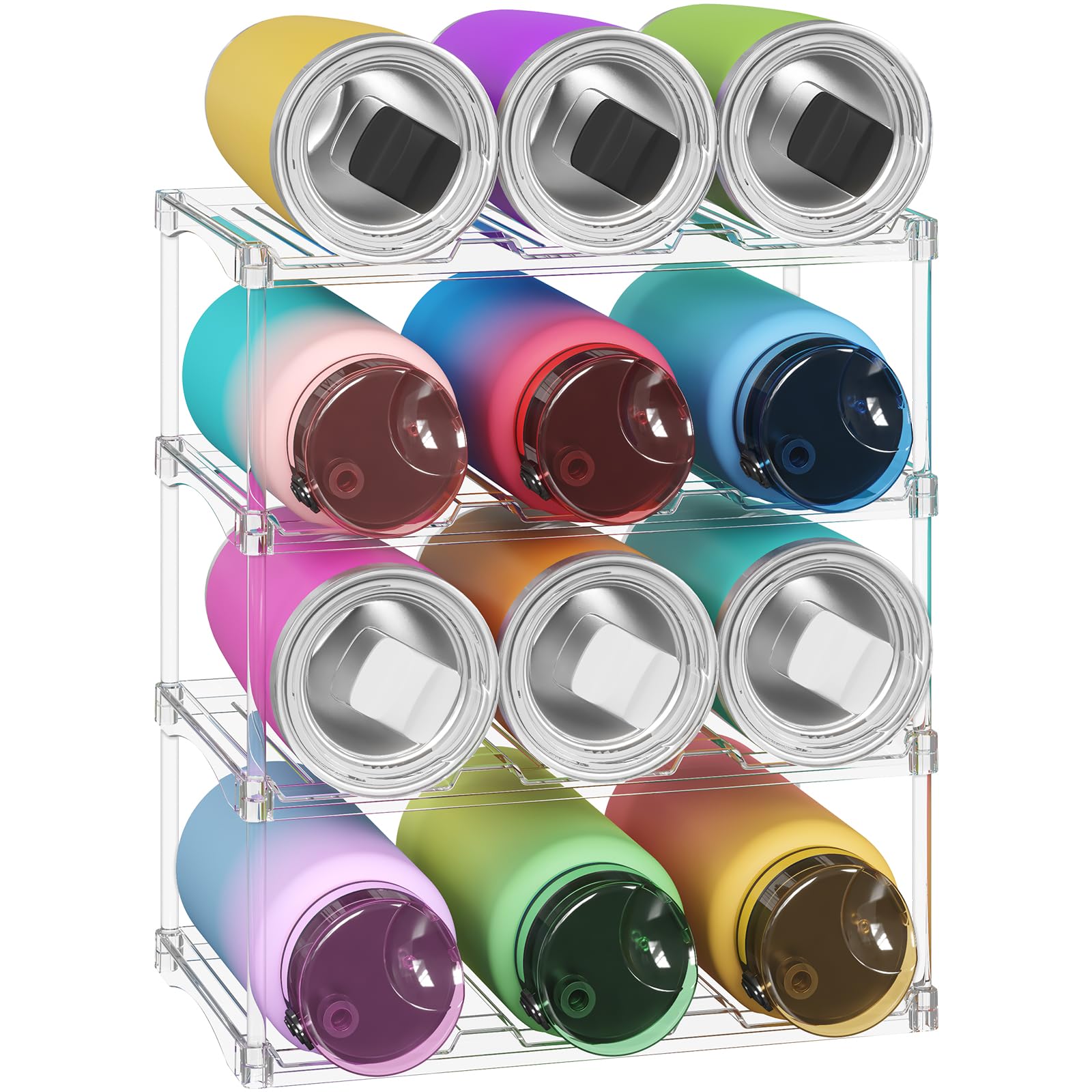 Lifewit Stackable Water Bottle Organizer for Cupboard, Freezer, Pantry, Plastic Bottle Holder for Kitchen Worktop, Cabinet, Desk, 4 Tier for 12 Bottles