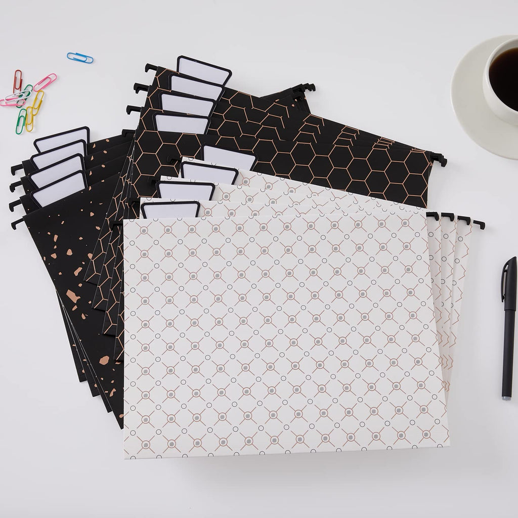 YOMA 12 Pack Decorative Hanging File Folders Letter Size Rose Gold File Folder Pretty Hanging Folder Organizer for Filing Cabinet Office Home with 1/5-Cut Adjustable Tabs, 3 Black Foil Design