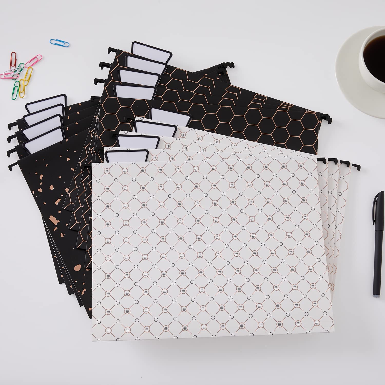YOMA 12 Pack Decorative Hanging File Folders Letter Size Rose Gold File Folder Pretty Hanging Folder Organizer for Filing Cabinet Office Home with 1/5-Cut Adjustable Tabs, 3 Black Foil Design