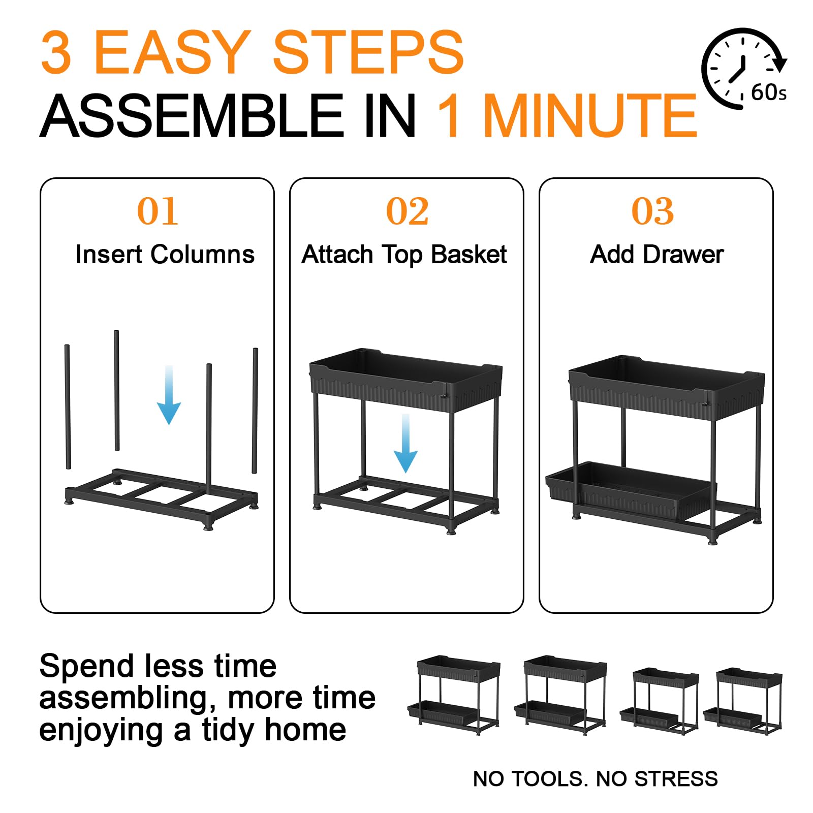 Sevenblue 4 Pack Under Sink Organizer and Storage,Bathroom Organizers, Multi-Use Under Sink Organizer for Bathroom and Kitchen with Sliding Drawer, Hang Hooks and Cups(Black,4 Pack)