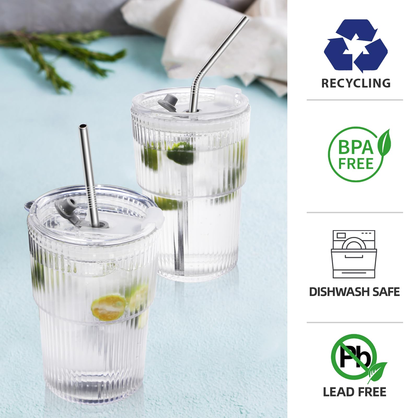 RÉΑLWÁY Iced Coffee Cups with Lids and Straws Set of 4, 16 OZ Unbreakable Plastic Drinking Glasses Reusable Iced Coffee Glass to Go Cup for Iced Tea,Juice, Water,BPA Free, Dishwasher Safe