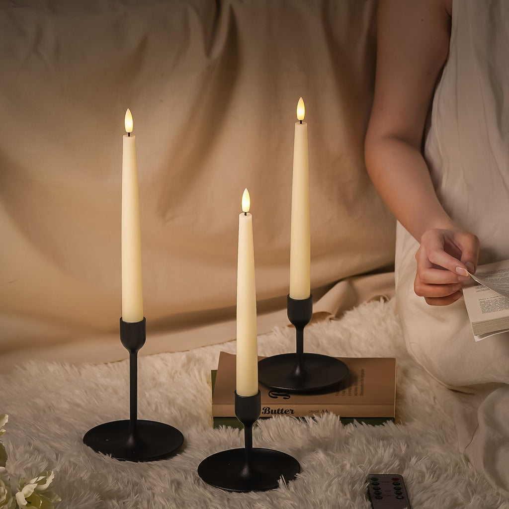 Stmarry Ivory Flameless Taper Candles with Remote and Timer, 9.65 Inch Real Wax LED Candlesticks, Battery Operated Tall Taper Candles with 3D Flickering Flame, Christmas Home Wedding Decor, 3 Pack