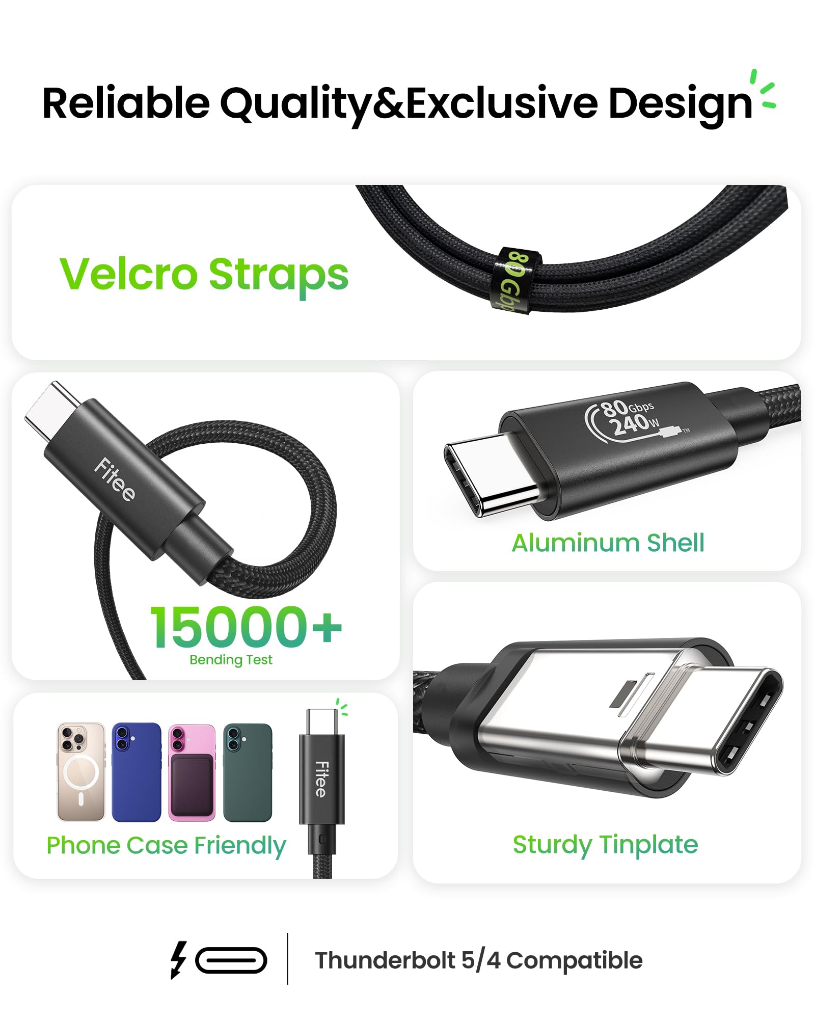 Fitee Thunderbolt 5 Cable Compatible, 80Gbps(6Gb/s) USB4 Cable, 120Gbps Video Bandwidth, Dual 8K/6K@60Hz, 4K@480Hz, 240W, Compatible for Thunderbolt 4/3, PSSD, MacBook M4 Pro, Dock, eGPU, 3.3FT/1M