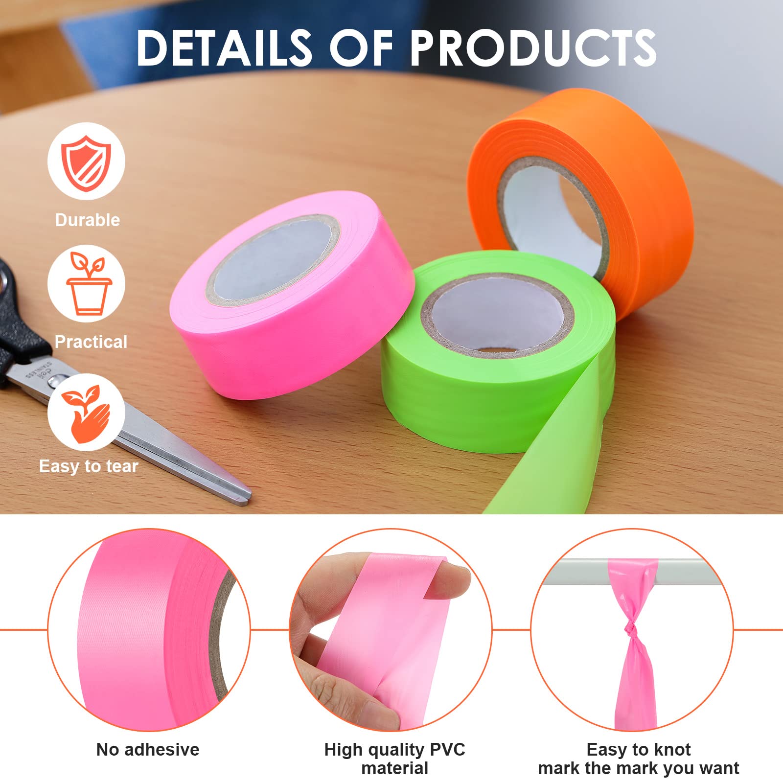 6 Pack Flagging Tape,Non-Adhesive Marking Tape Surveyors Tape Neon Non-Adhesive Tape Survey for Boundaries and Hazardous Areas,Trail Marking (6 Colors)
