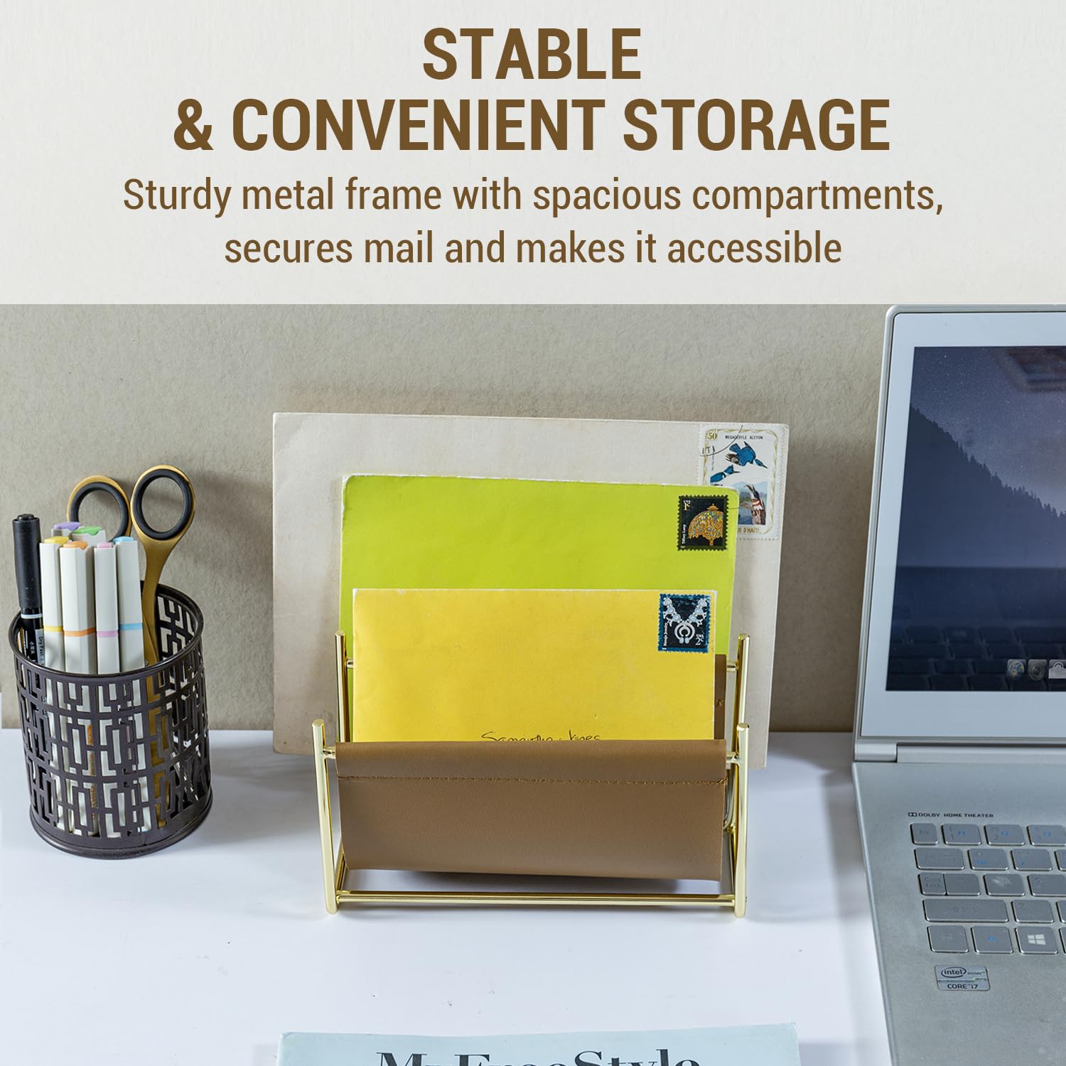MyGift 2 Slot Modern Mail Holder, Deluxe Brass Tone Metal and Toffee Brown Leatherette Sling Entryway or Desktop Tabletop Letter Sorter