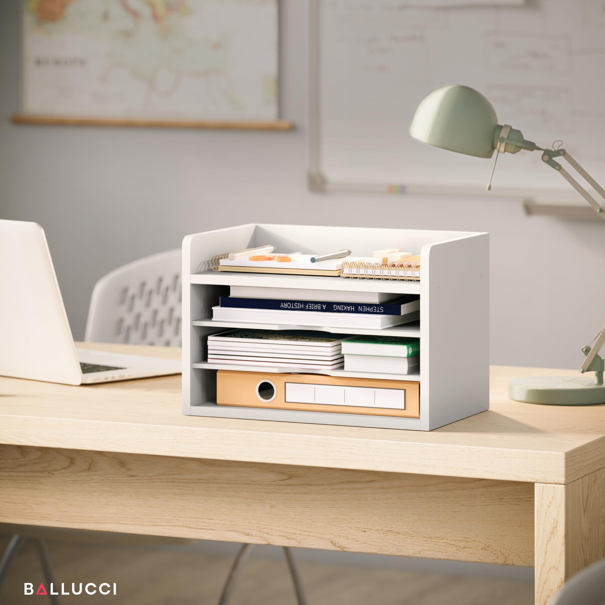 Ballucci File Organizer, 4-Tier Office Desk Organizer, Open Top Wood Paper Organizer for Classroom, Desktop Mail Sorter Paper Tray, White