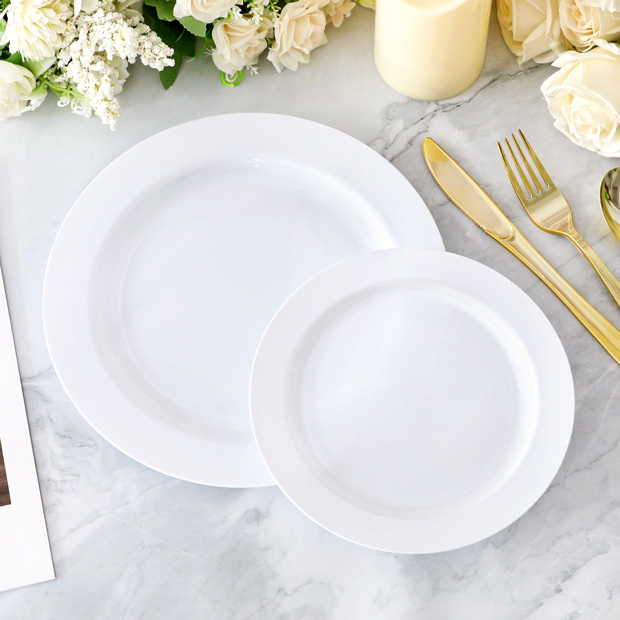 100 Pieces White Plastic Plates, Disposable Party Plates, 50 Heavy Duty White Dinner 10 Inch Plates and 50 Disposable Dessert Appetizer Elegant Fancy Wedding 7.5 Inch Plates