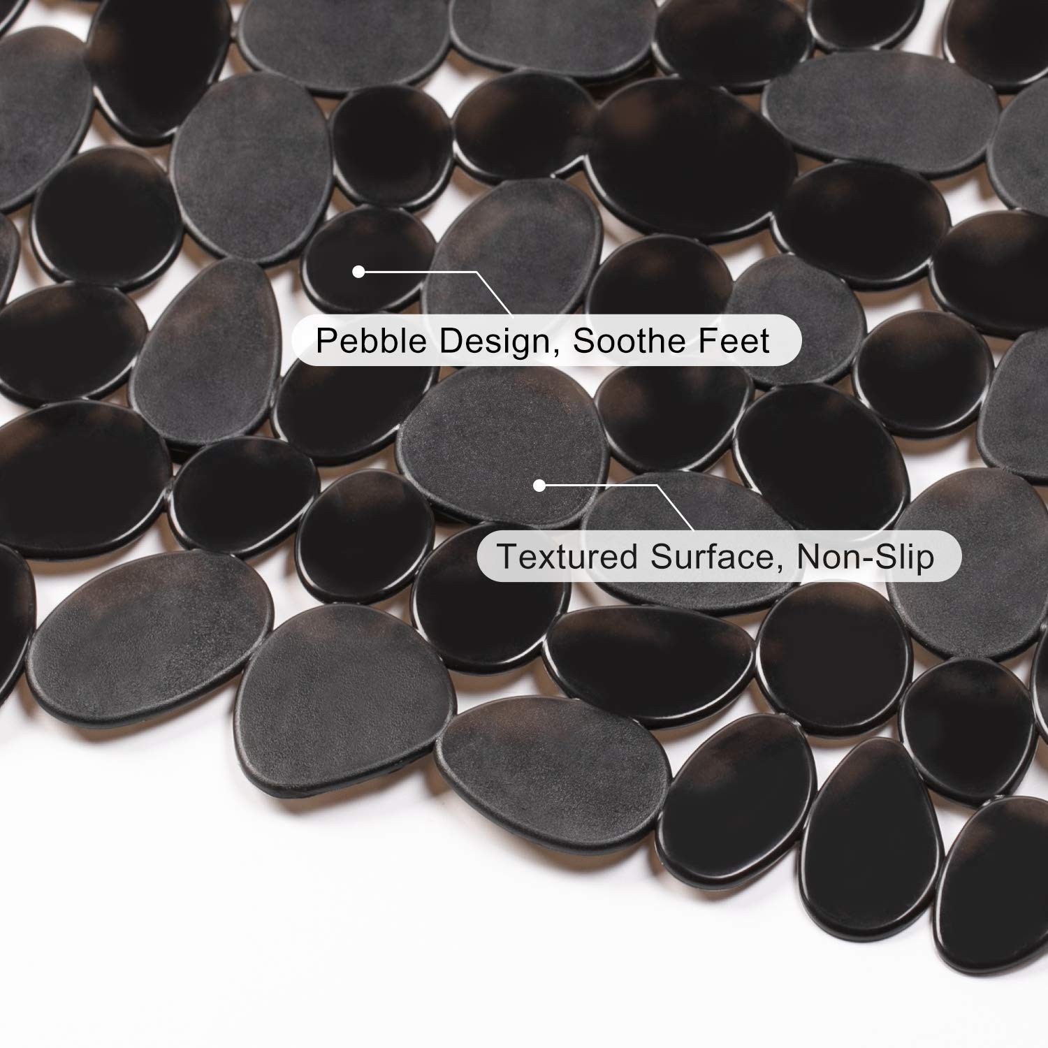 WELTRXE Non Slip Bath Mat Pebbles Bathtub Mat with Suction Cups, Drain Holes for Bathroom Showers, Tub, 35" x 16" Machine Washable Rectangle Bathroom Mats BPA, Latex Free Safe Shower Mats,Opaque Black