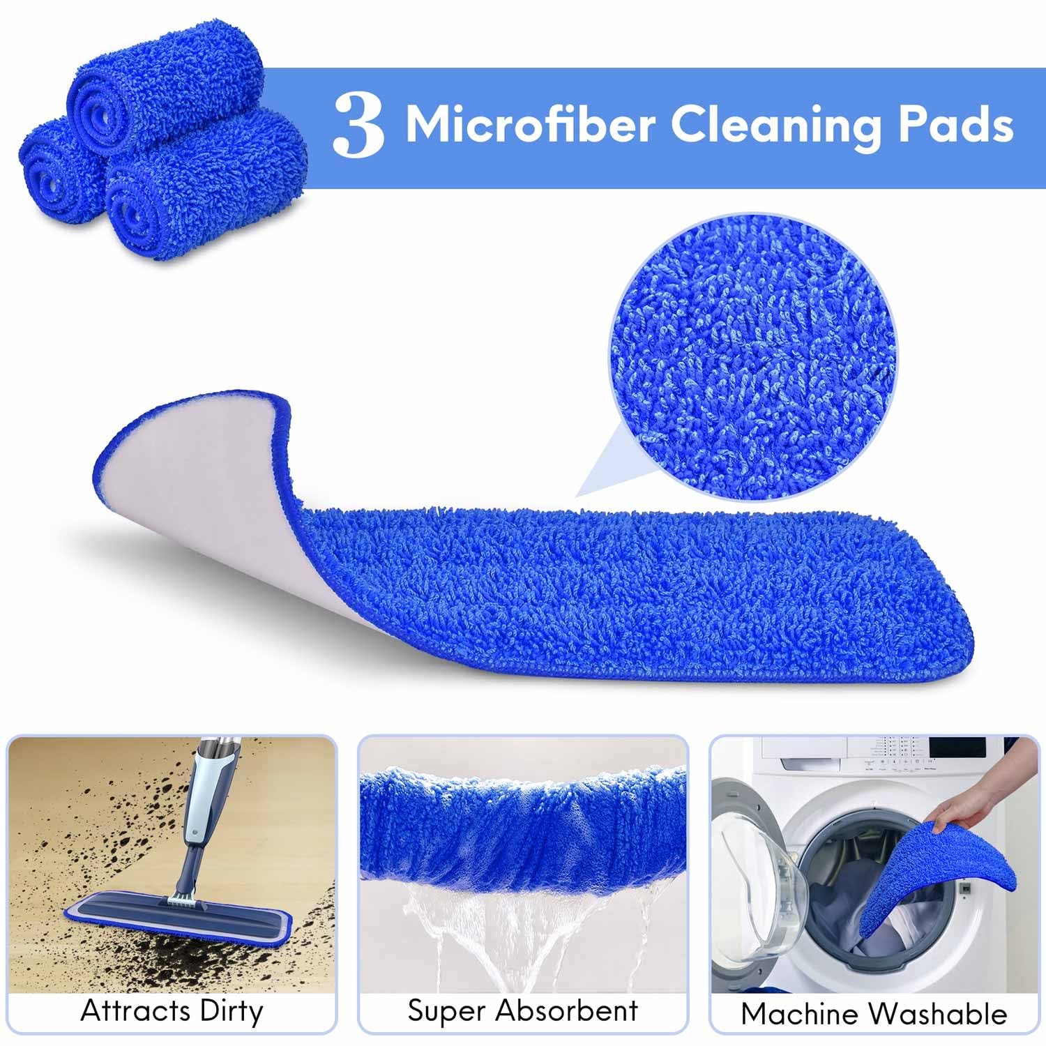 VENETIO Premium Microfibre Spray Mop with Refillable Sprayer for Quick Dry and Wet Floor Cleaning or Dusting | Wood, Laminate, Tile, Vinyl, Hardwood Floor Mop with 3 Reusable and Washable Pads, Blue