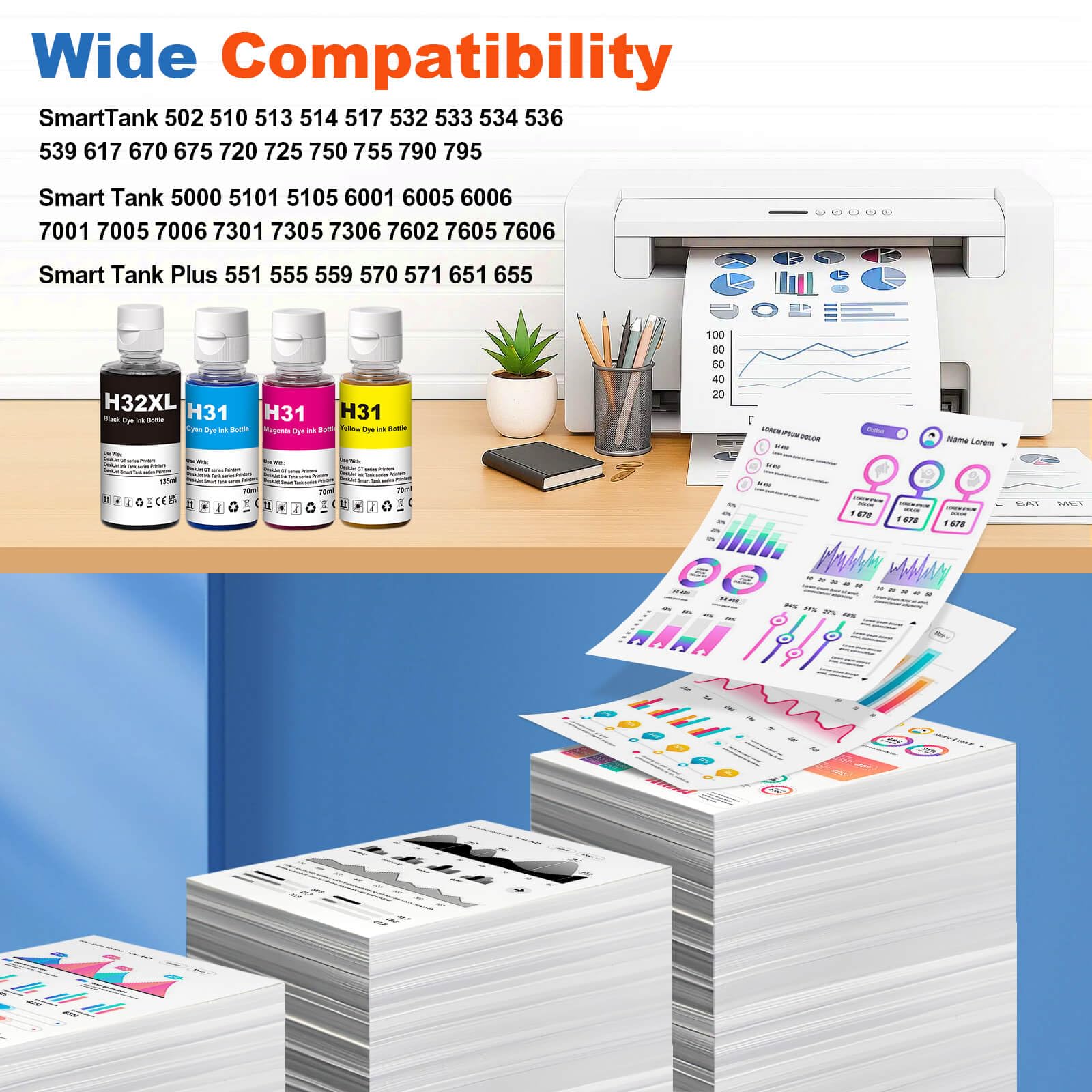 JoyPrinting 31 Ink Bottle Set 32XL Black Ink Bottle Compatible with HP 31 32XL Ink Bottle Set Work for HP Smart Tank 6001 7301 7602 7001 5000 5101 5102 5103 651 551 455 457 450 (4 Pack)
