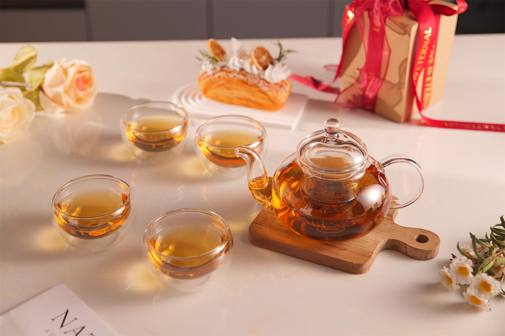 CnGlass Glass Teapot Stovetop Safe,Clear Teapot with Removable Infuser 20.3 oz,Loose Leaf and Blooming Tea Maker