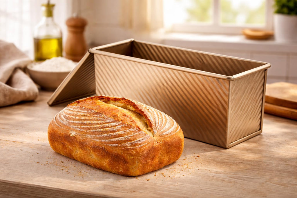 Spmarkt 13inchx 5inch Long Non-Stick Rectangle Pullman Loaf Pan with Lid, 2.2lb Capacity Sourdough Bread Pans for Homemade Bread, Deep Bread Tin with Dough Scraper Cutter