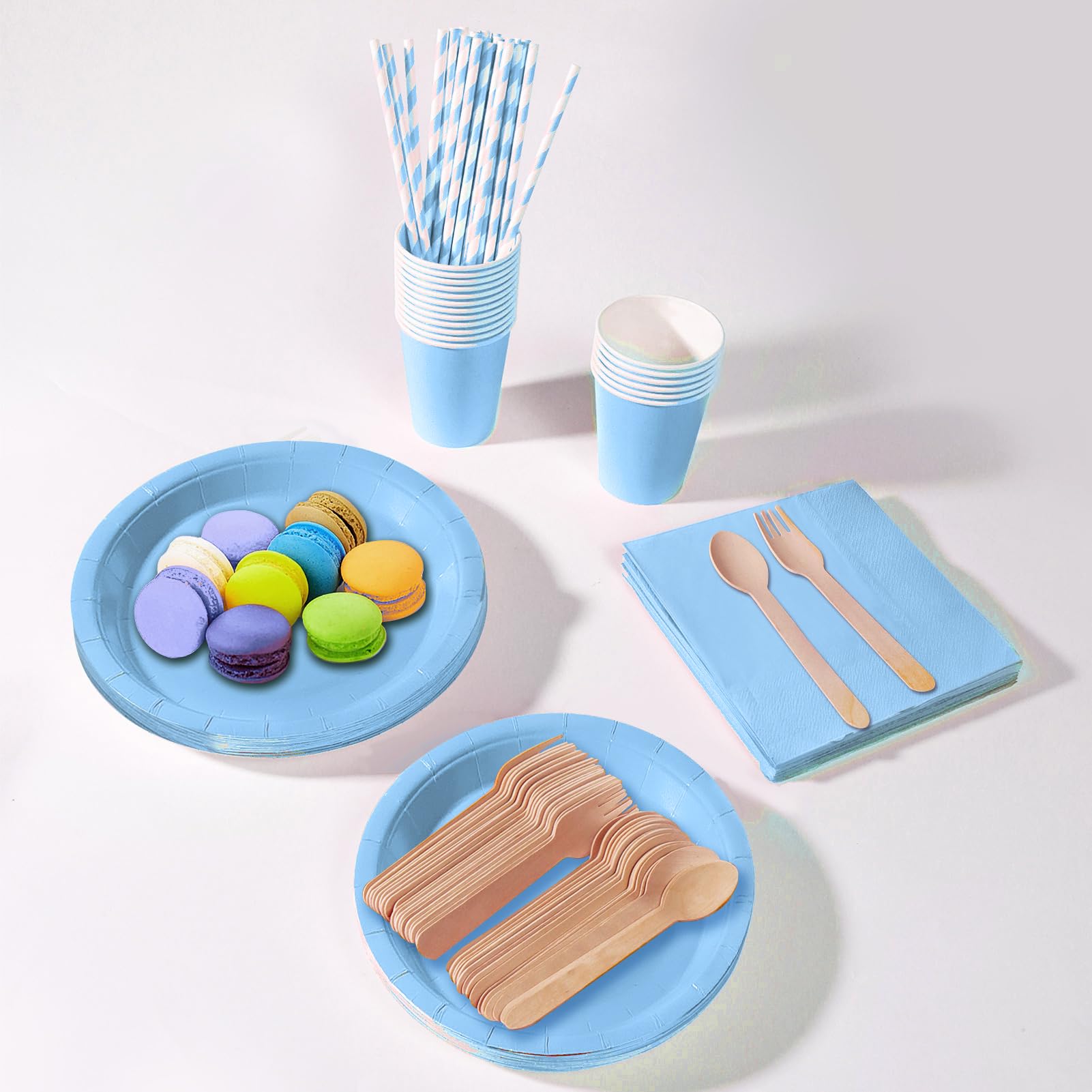 PYAILI 169 Pcs Baby Blue Party Tableware Set, Paper Plates Cups Napkins Tablecloth, Dinnerware Set for Kids Adult Birthday,Wedding,Baby Shower Party Tableware