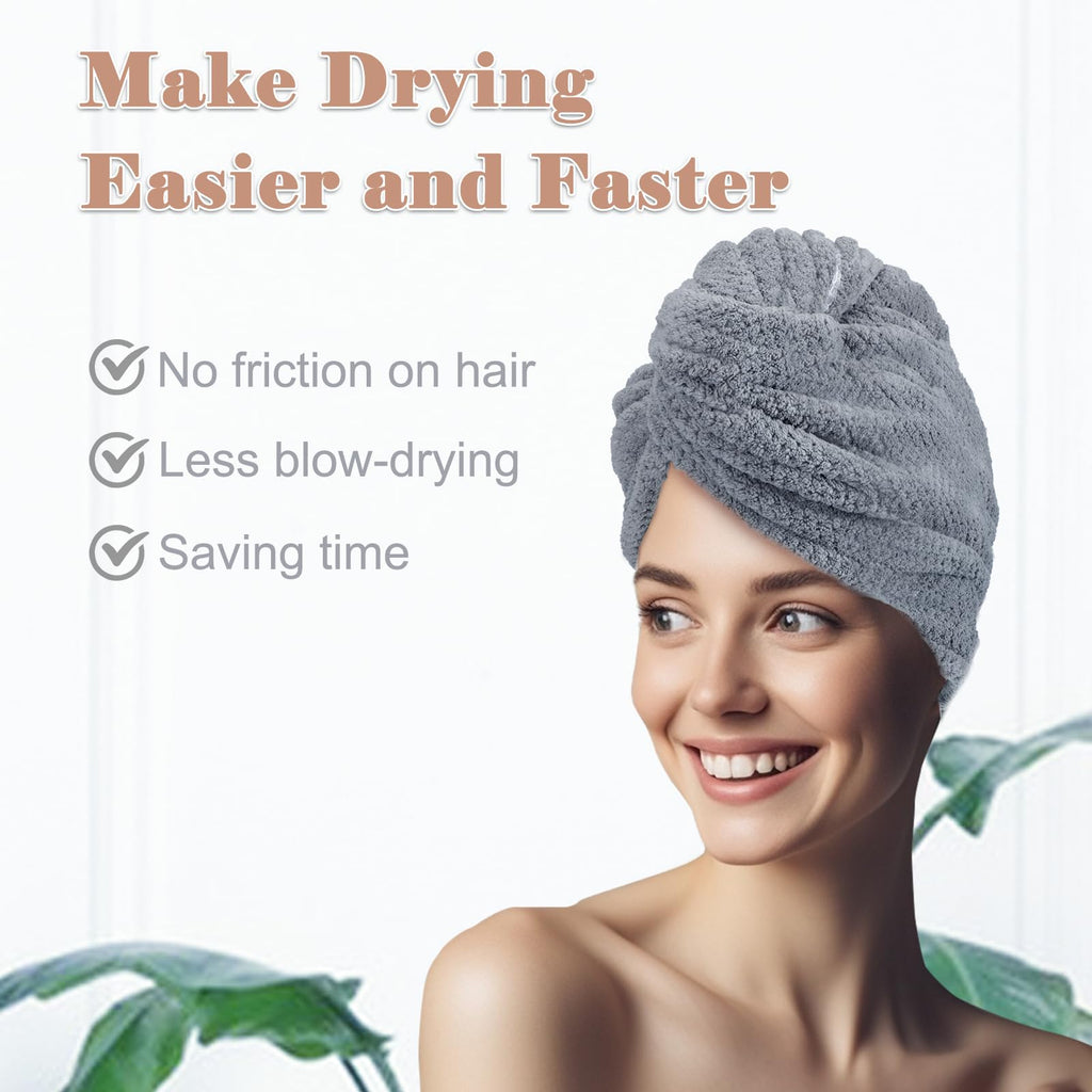 FREATECH 2-Pack Large Microfibre Hair Towel Wrap for Women, 86 x 26 cm Thicken Super Absorbent Hair Turbans, Anti-frizz Hair Drying Towel with Elastic Band for Wet Long Thick Curly Plopping Hair