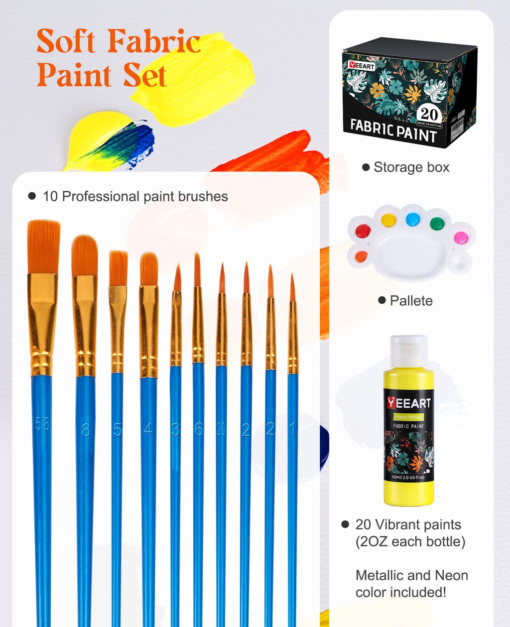 Fabric Paint, Yeeart 20 Colors Permanent Soft Fabric Paint Set for Clothes in Bottles (60ml/2oz) with 10 Brushes, Palette, Non-Toxic Textile Paint Art Supplies for Clothes, Canvas, T-Shirts, Jeans