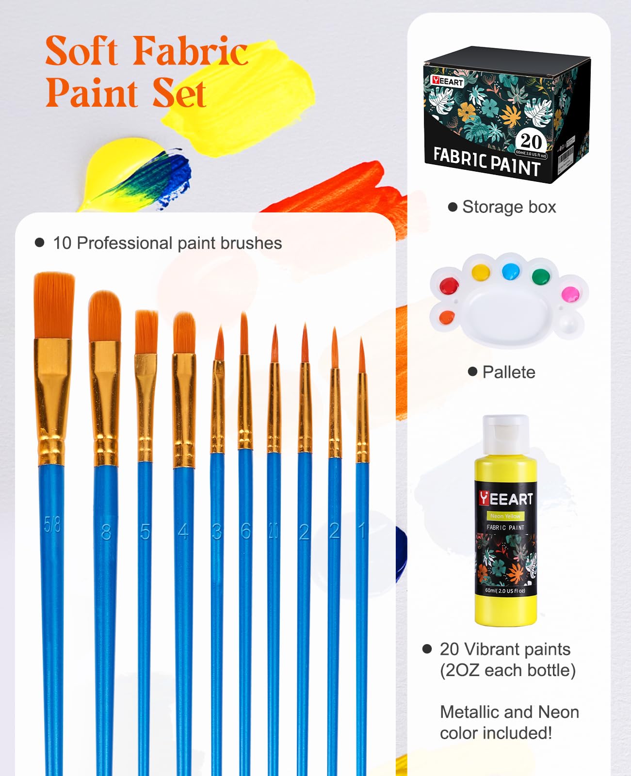 Fabric Paint, Yeeart 20 Colors Permanent Soft Fabric Paint Set for Clothes in Bottles (60ml/2oz) with 10 Brushes, Palette, Non-Toxic Textile Paint Art Supplies for Clothes, Canvas, T-Shirts, Jeans