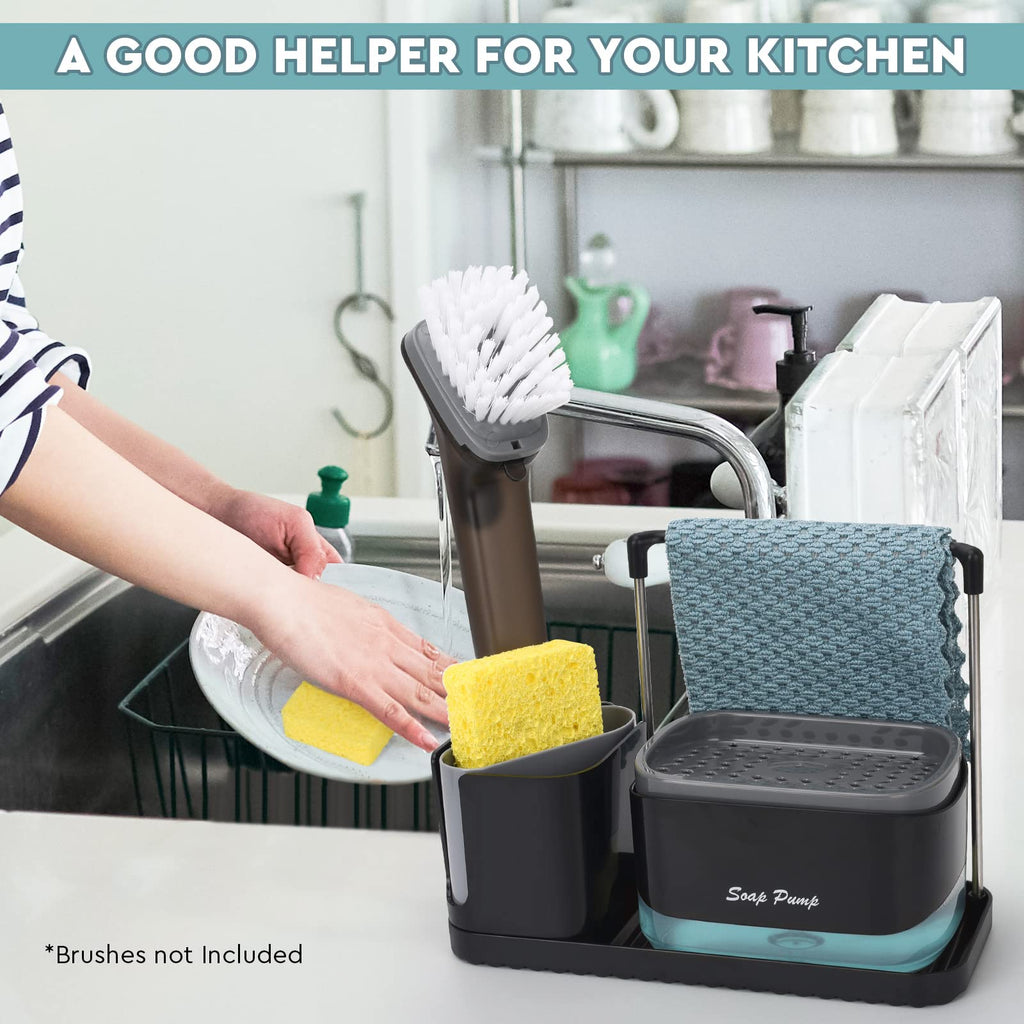 Bestseek Kitchen Soap Dispenser Set with Tray and Sponge Holder, Sink Caddy Organizer with Dishcloth and Dish Brush Holder, for Countertop Storage Organize - Practical Kitchen Gadgets
