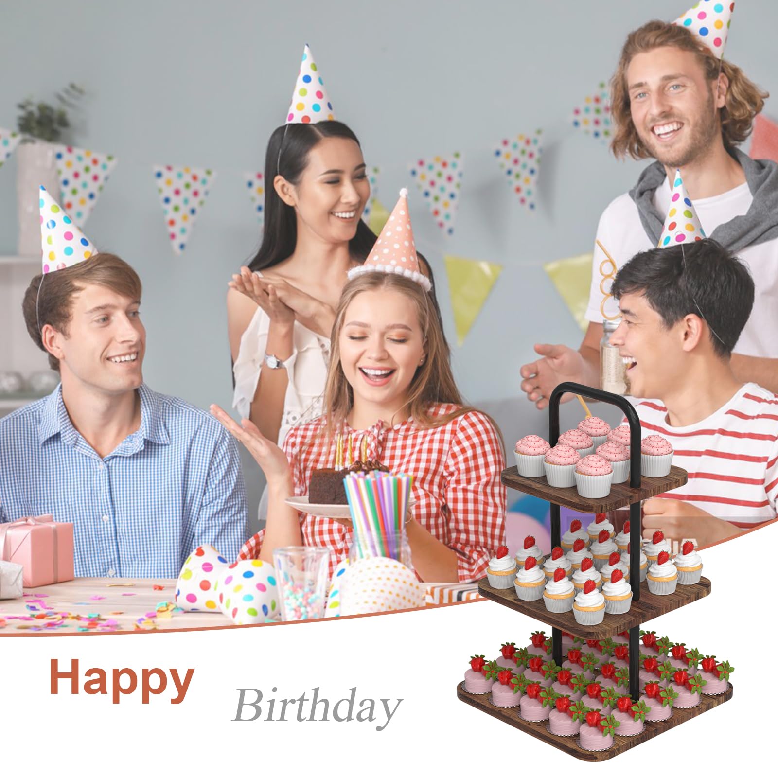 VyGrow 3-Tier Cupcake Stand Wood & Metal Tower Display Premium Holder Dessert Tree Tower for Birthday Cady Bar Decor Weddings, Party Serving Tray, Square Display