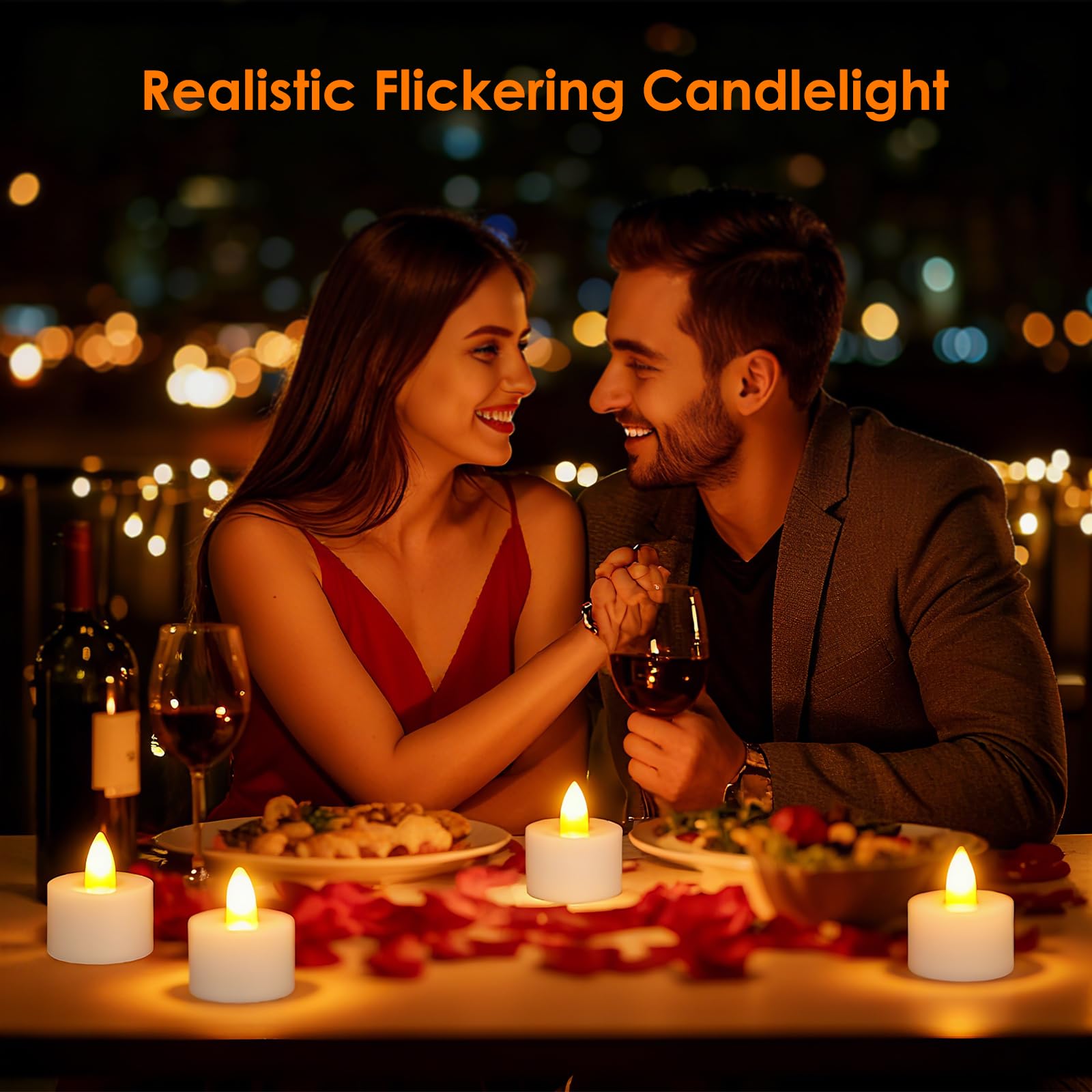 Ropelux 4 Rechargeable Tea Lights with Charging Base,Realistic Flickering Dimmable LED Candles with Remote Control Timer in Warm Yellow for Christmas,Weddings, Parties, Festivals (with Cable, 4)