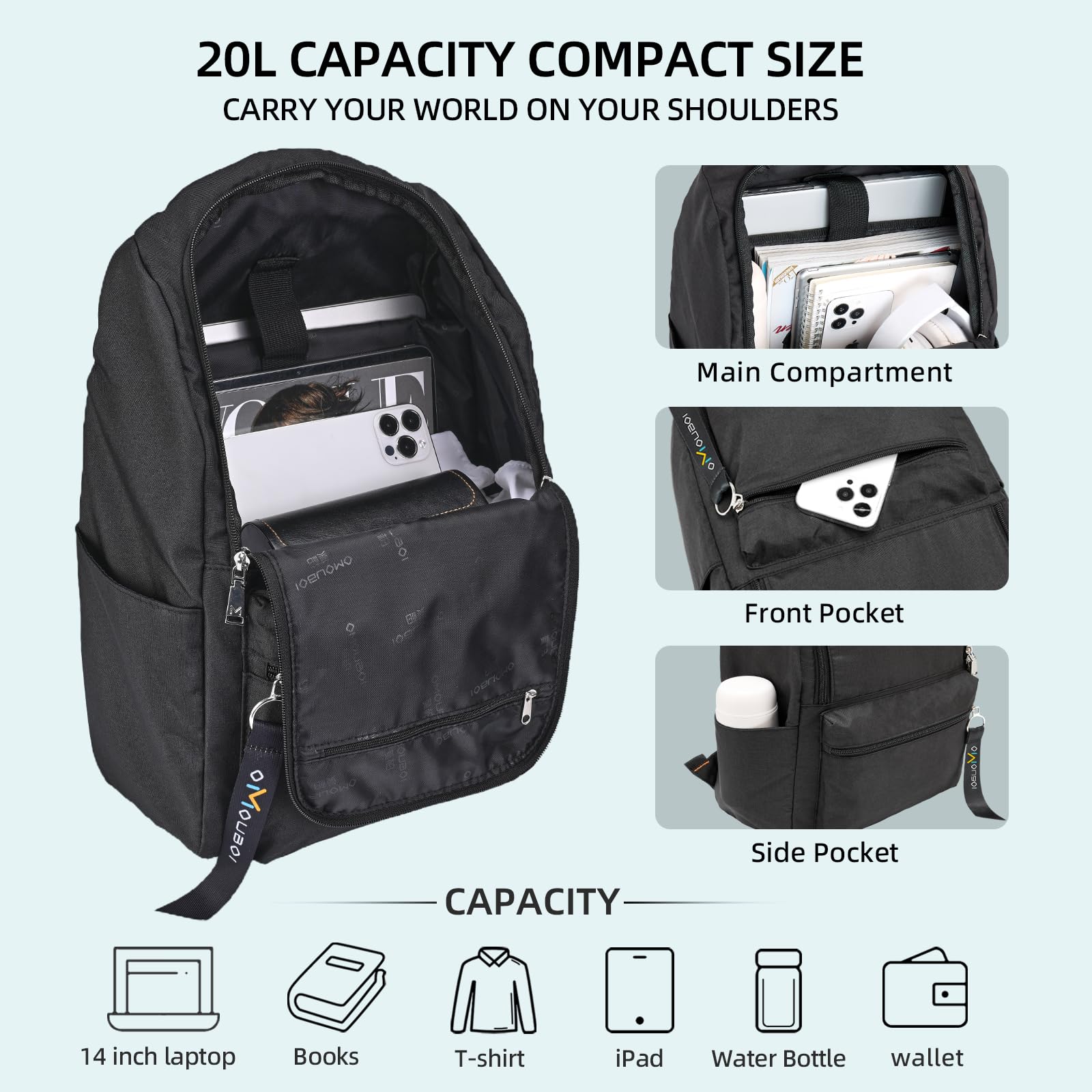 OMOUBOI Casual Backpack, Laptop School Travel Backpack for Women & Men, Superbreak Backpack Fits Tourism Business (Black)
