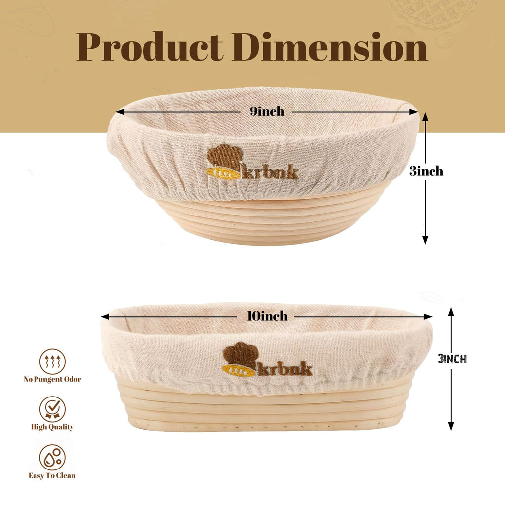 Banneton Bread Proofing Basket, Proofing Basket for Sourdough Bread Baking, Indonesian Rattan Bread Bowl Sourdough bread Baking Supplies with Linen Liner (9" Round + 10" Oval)