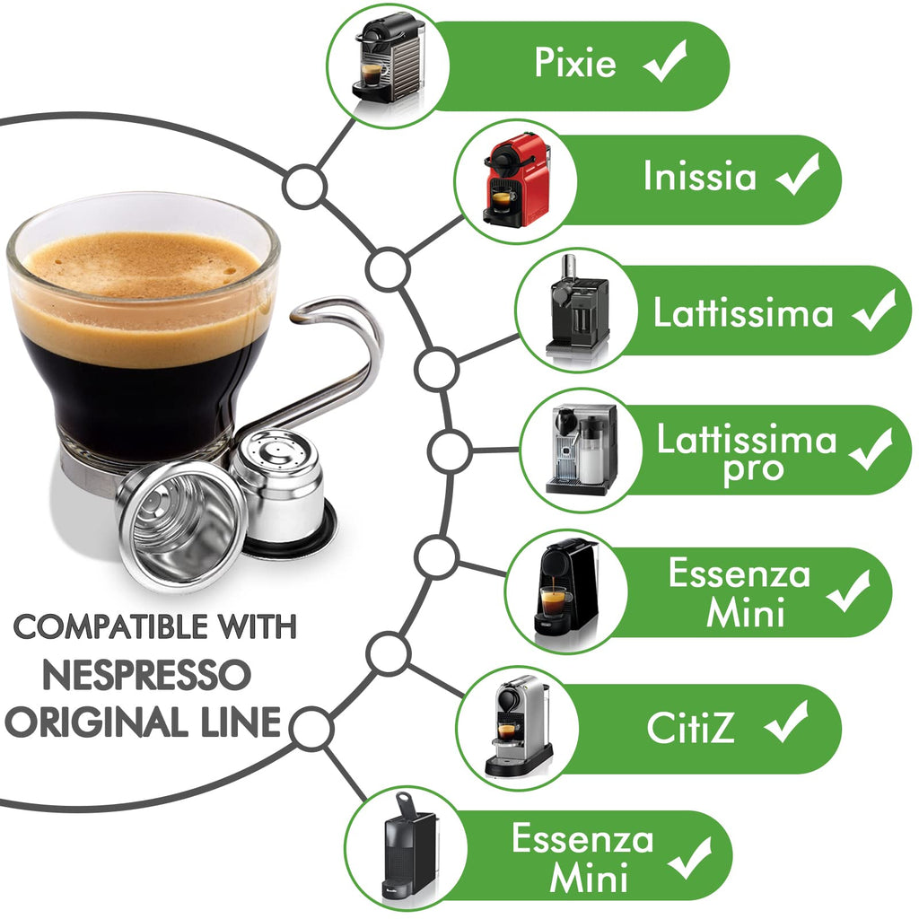 CAPMESSO Reusable Capsules for Nespresso OriginalLine, 6pcs Nespresso Refillable Pods Stainless Steel Coffee Pods Compatible with Nespresso OriginalLine Machine (6 Pods + 100 Lids + Wood Storage Tray)