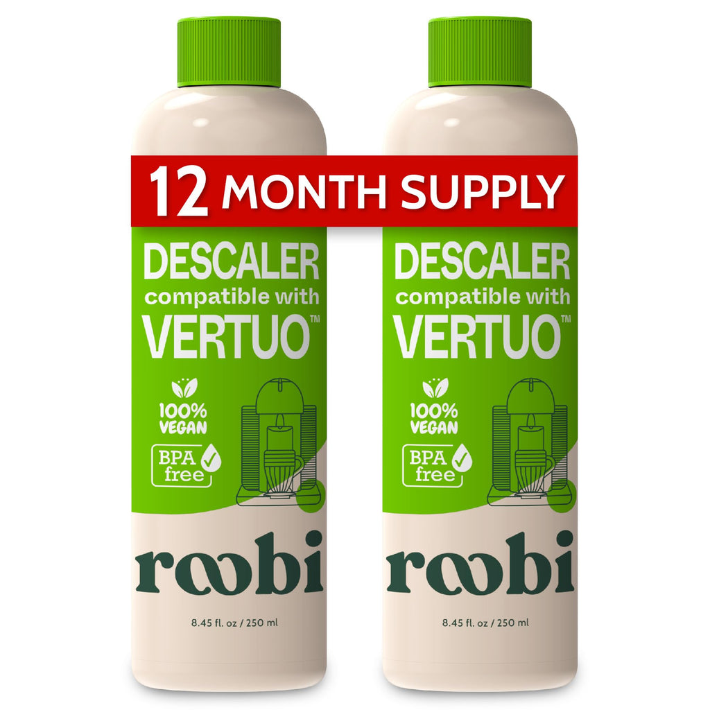 Roobi Descaling Solution Compatible Nespresso Vertuo Eco-Friendly Formula to Clean & Descale Your Nespresso Vertuoline Machine. 2 Uses per Bottle, 2 Pack. Carbon Neutral Descaling Kit.