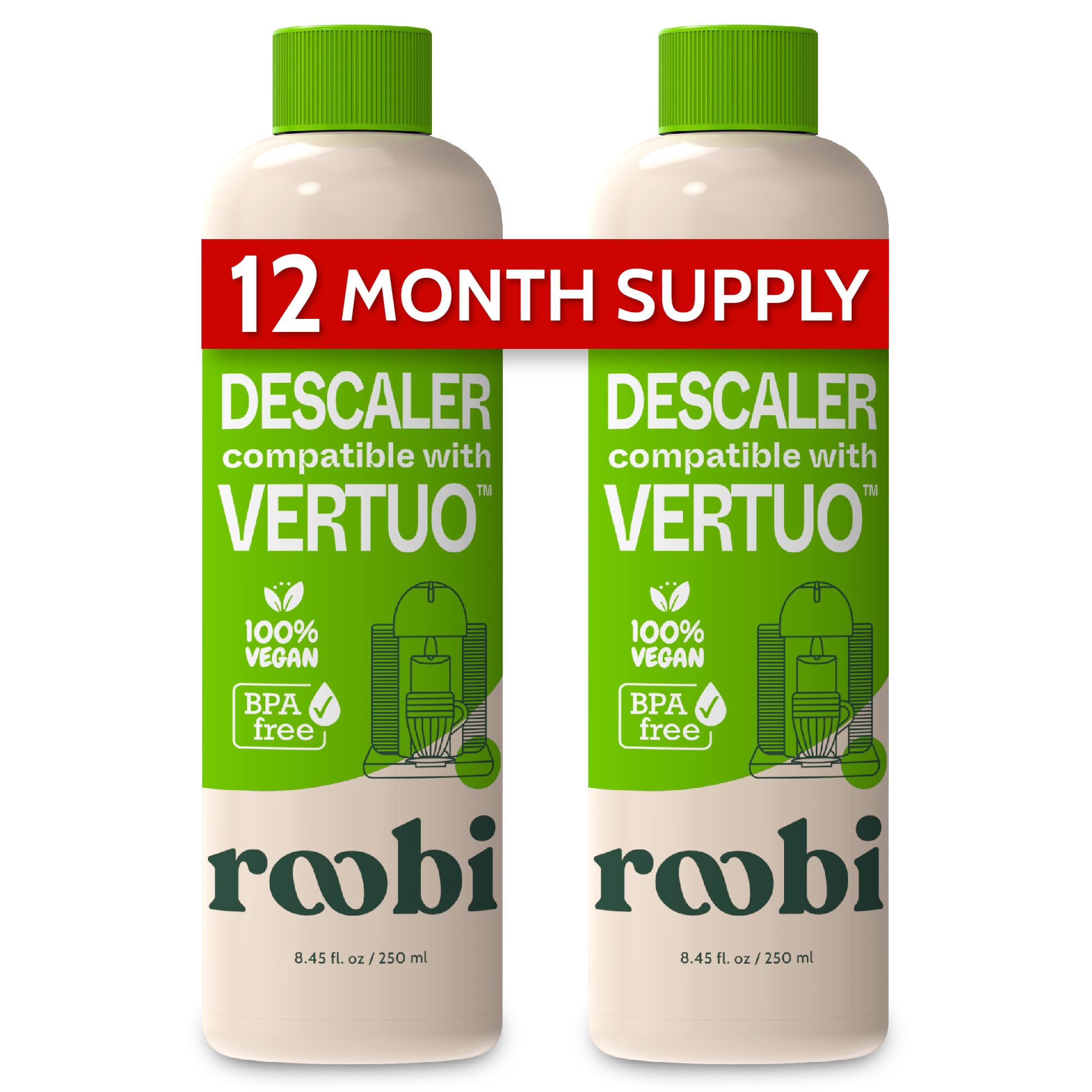 Roobi Descaling Solution Compatible Nespresso Vertuo Eco-Friendly Formula to Clean & Descale Your Nespresso Vertuoline Machine. 2 Uses per Bottle, 2 Pack. Carbon Neutral Descaling Kit.